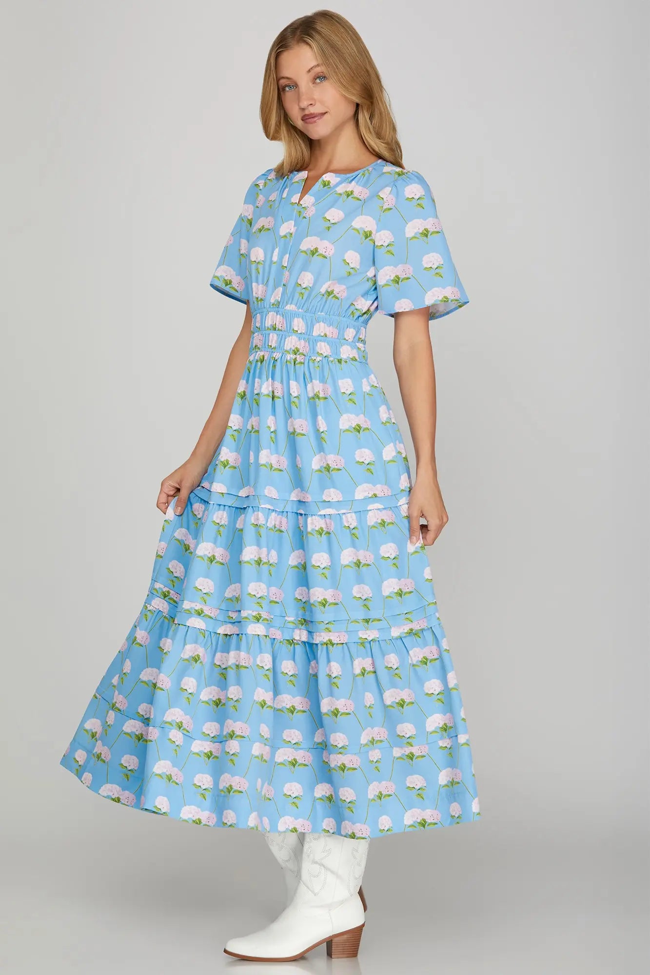 SHORT SLEEVE WOVEN FLORAL PRINT TIERED MIDI DRESS WITH POCKETS