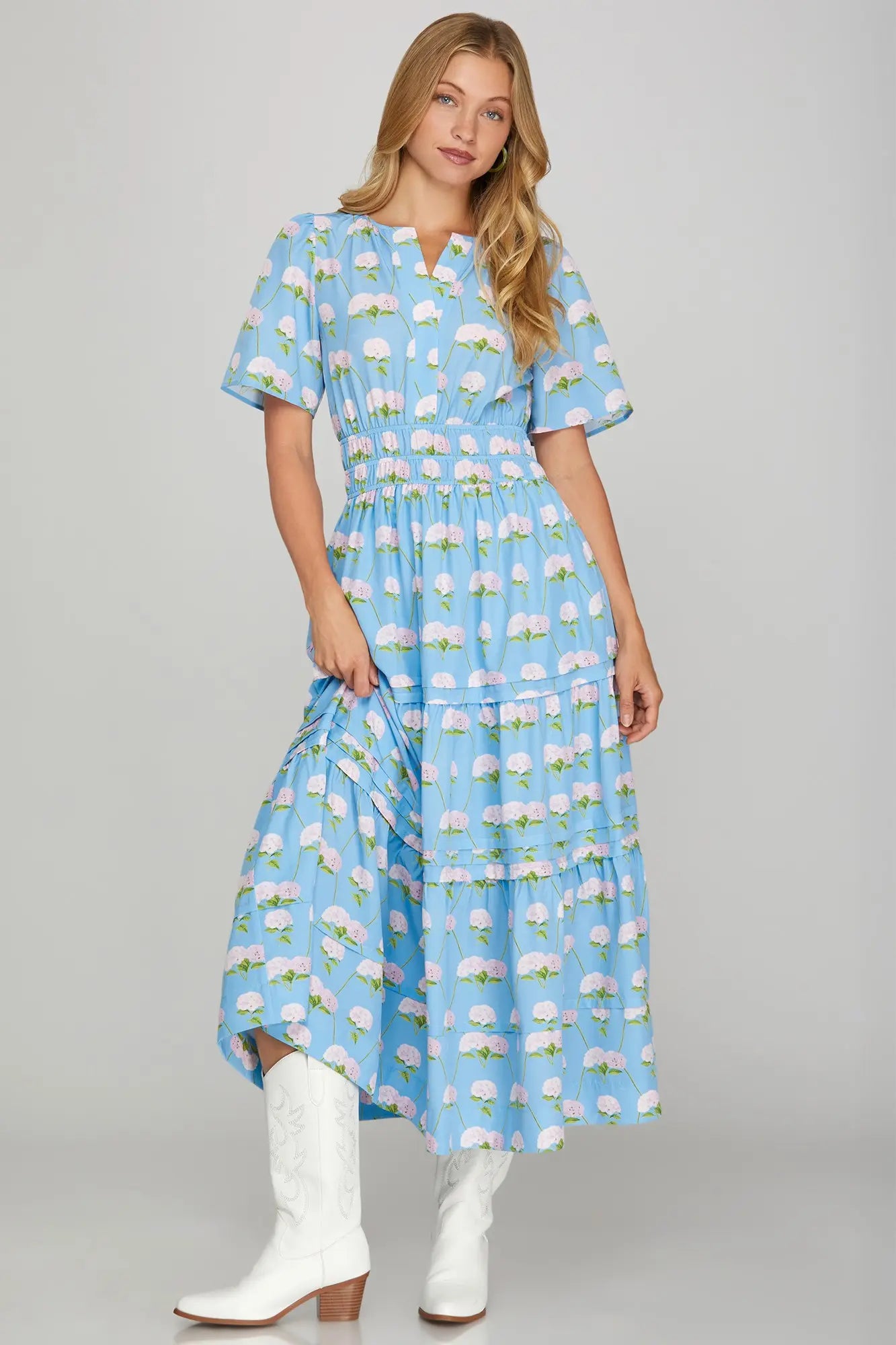 SHORT SLEEVE WOVEN FLORAL PRINT TIERED MIDI DRESS WITH POCKETS
