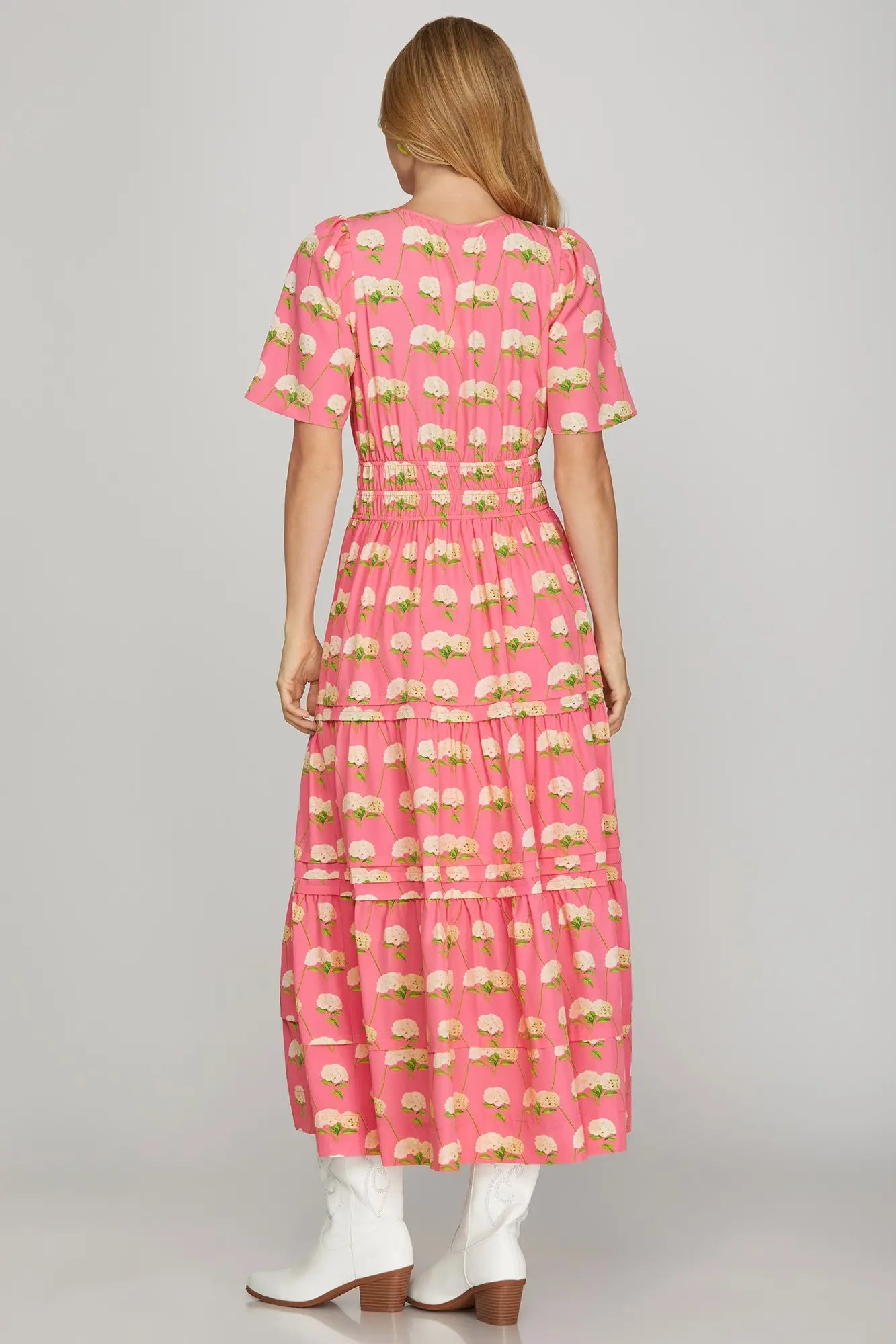 SHORT SLEEVE WOVEN FLORAL PRINT TIERED MIDI DRESS WITH POCKETS