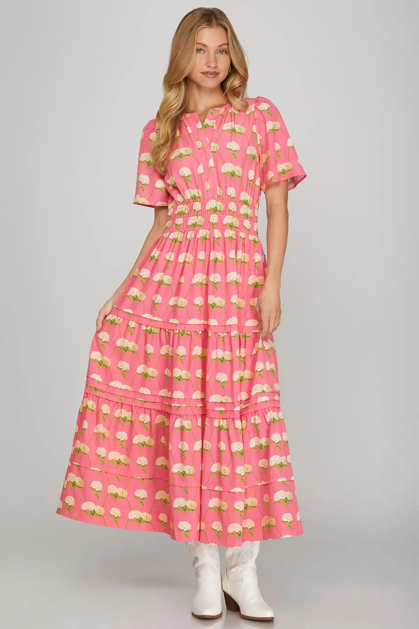 SHORT SLEEVE WOVEN FLORAL PRINT TIERED MIDI DRESS WITH POCKETS