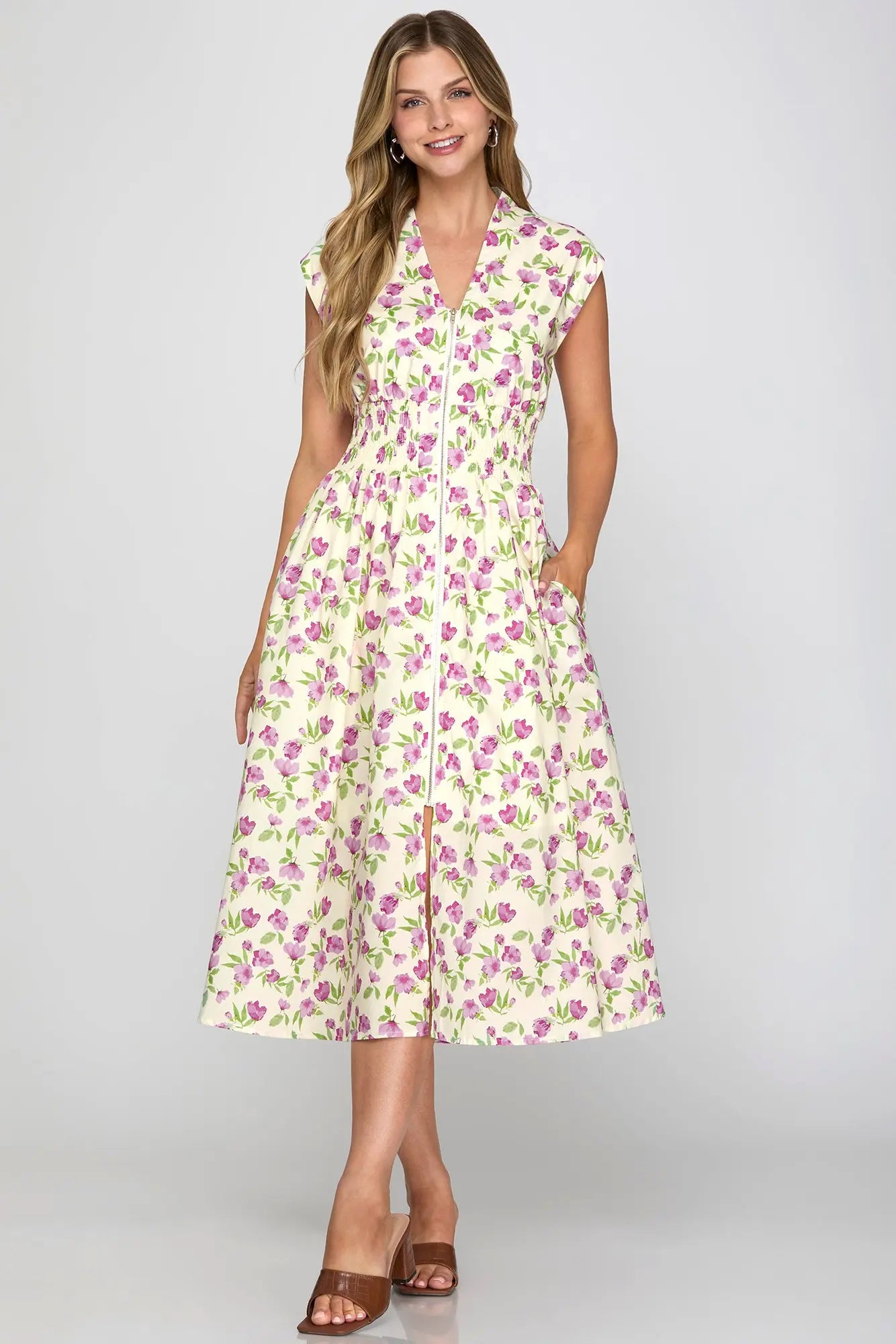 DROP SHOULDER SMOCKED WAIST FRONT ZIP PRINTED MIDI DRESS