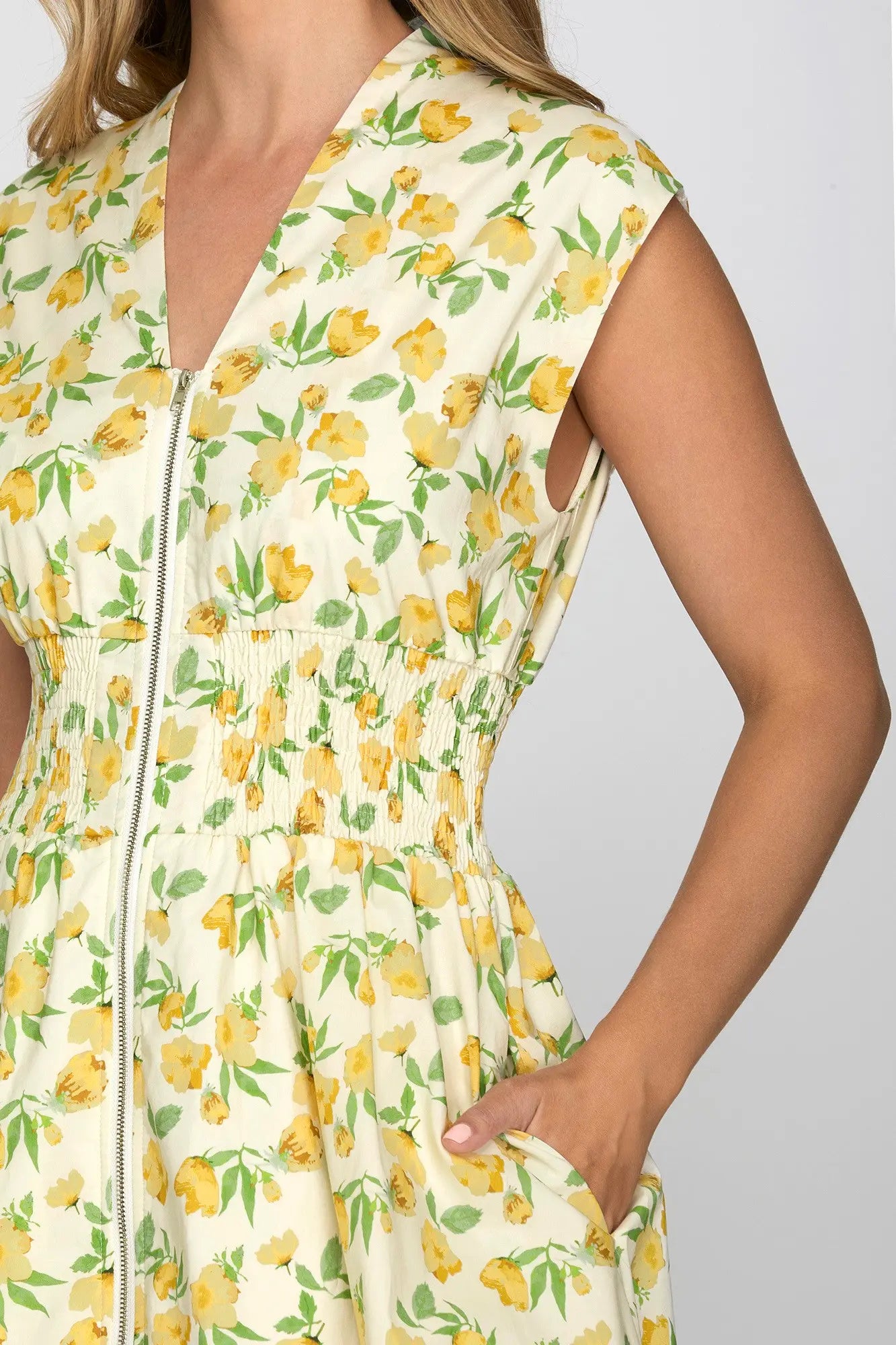 DROP SHOULDER SMOCKED WAIST FRONT ZIP PRINTED MIDI DRESS WITH POCKETS yellow