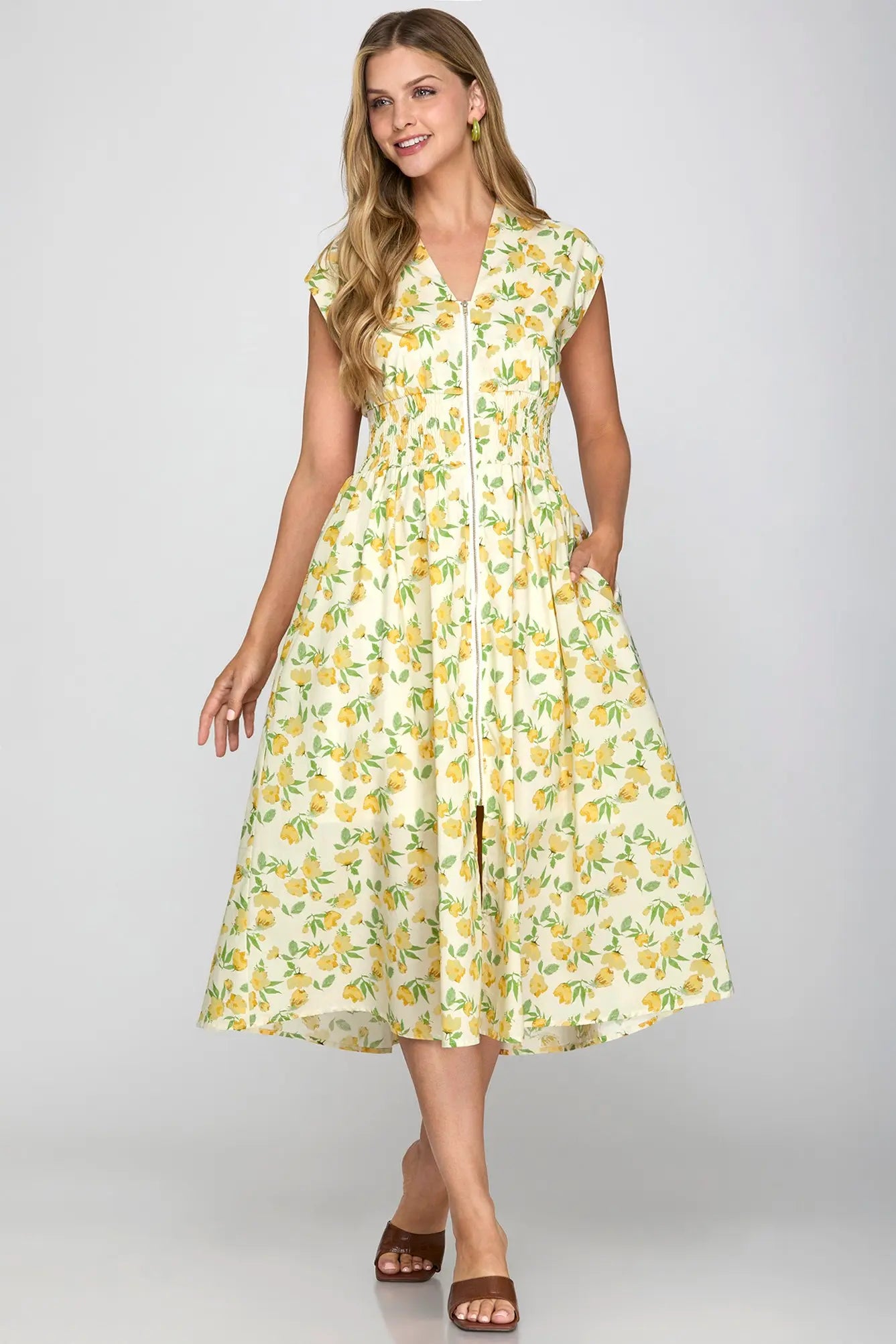 DROP SHOULDER SMOCKED WAIST FRONT ZIP PRINTED MIDI DRESS WITH POCKETS yellow