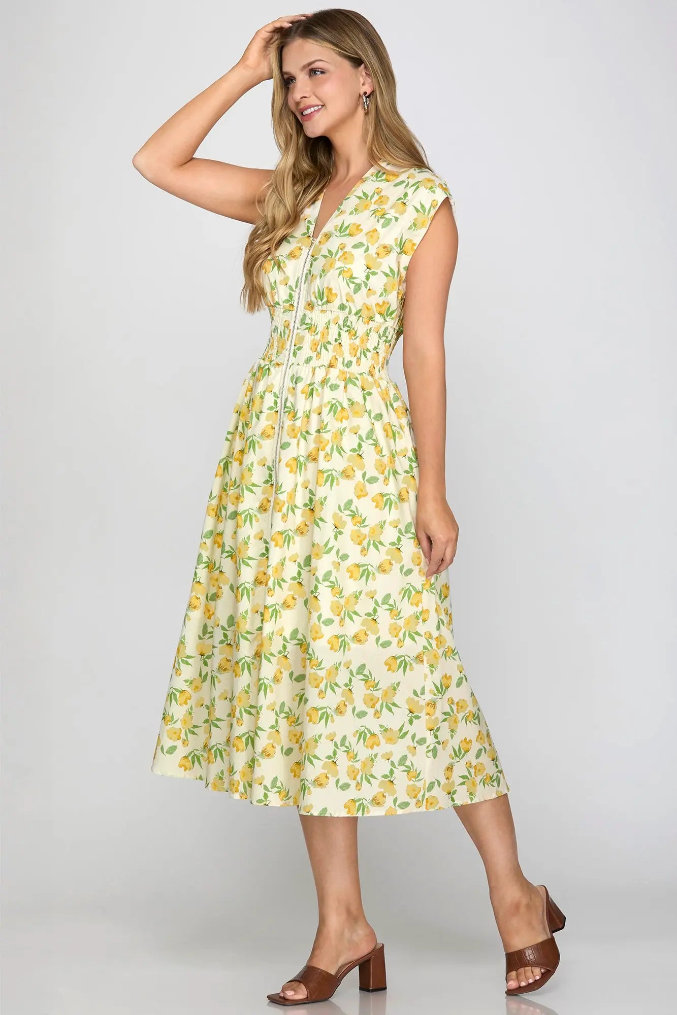 DROP SHOULDER SMOCKED WAIST FRONT ZIP PRINTED MIDI DRESS WITH POCKETS yellow