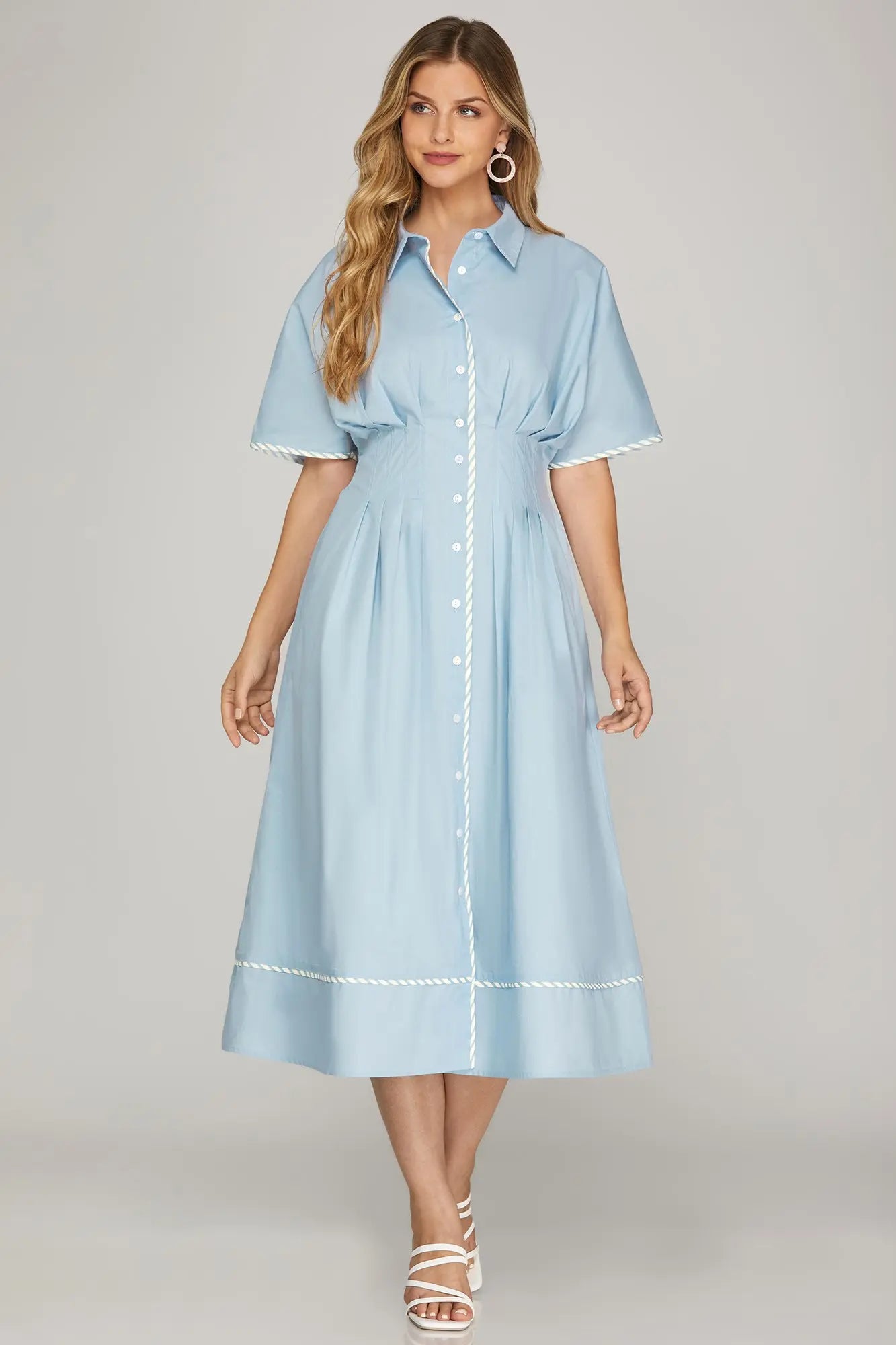 DROP SHOULDER SHORT SLEEVE WAIST PINTUCK AND SMOCKING WOVEN MIDI SHIRT DRESS WITH CONTRAST PIPING AND POCKETS