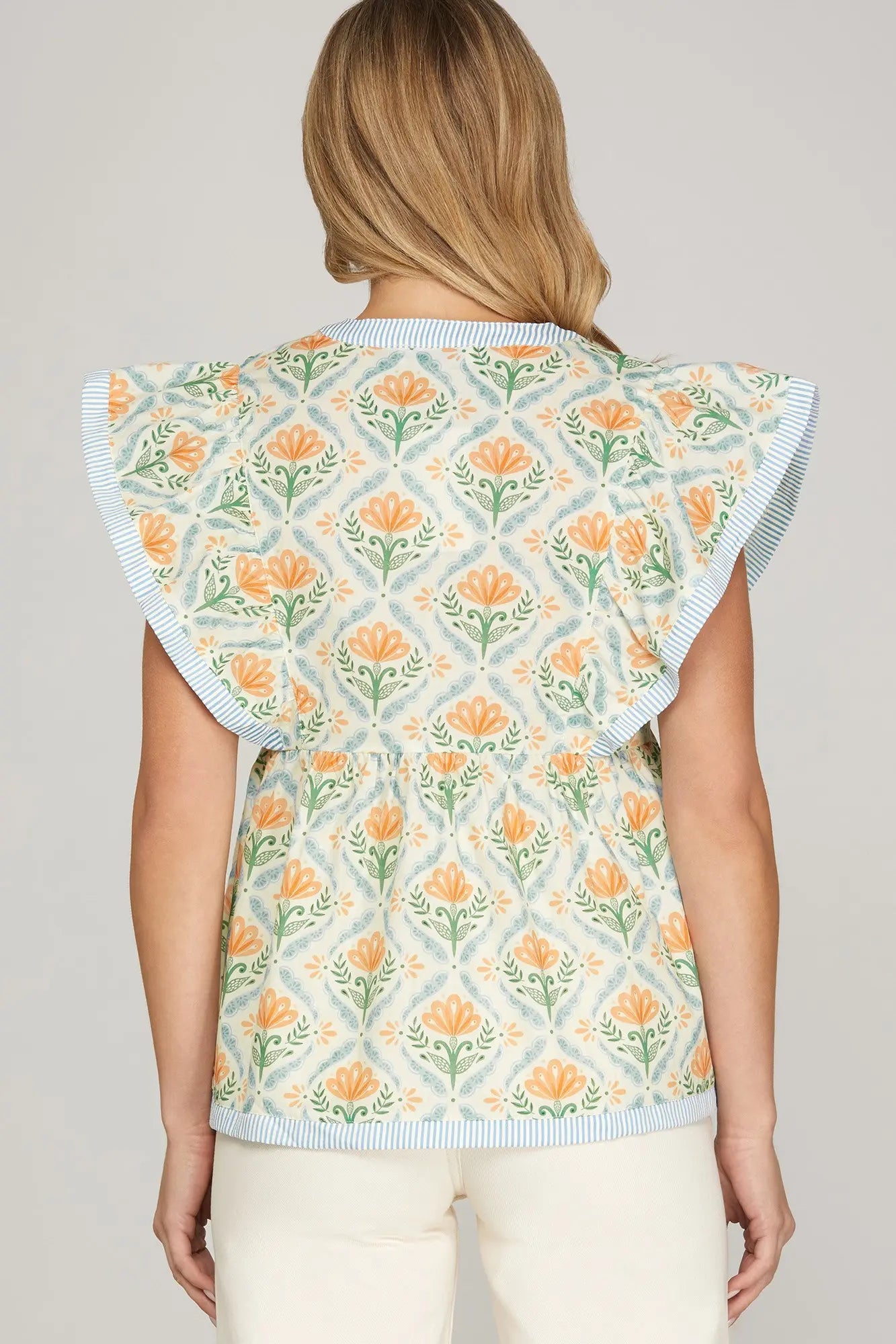 blue and orange ruffle top