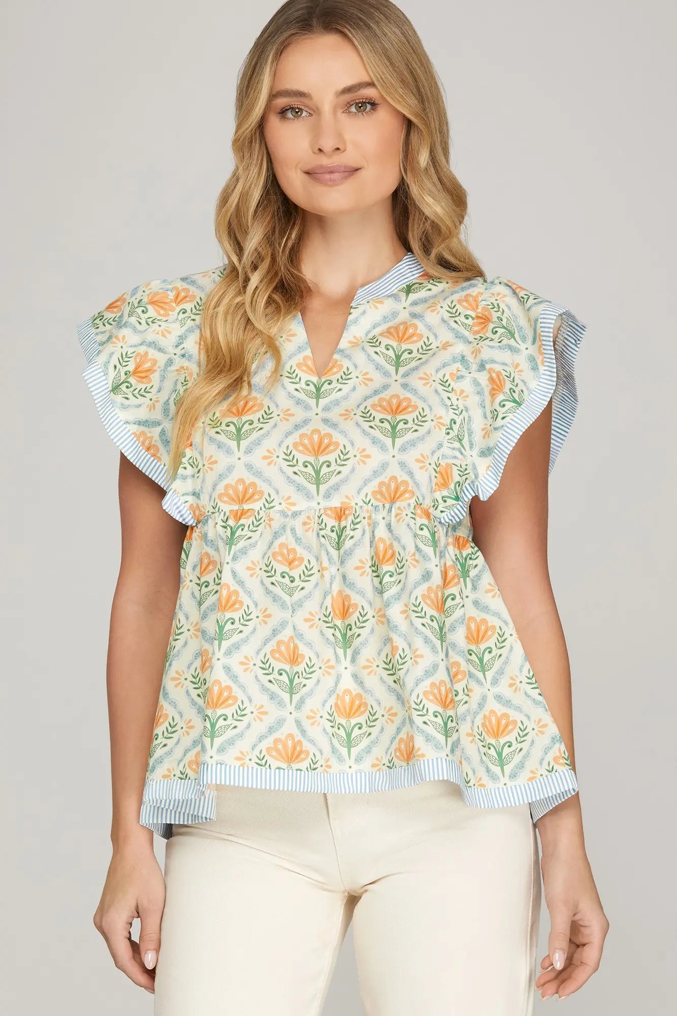 blue and orange ruffle top