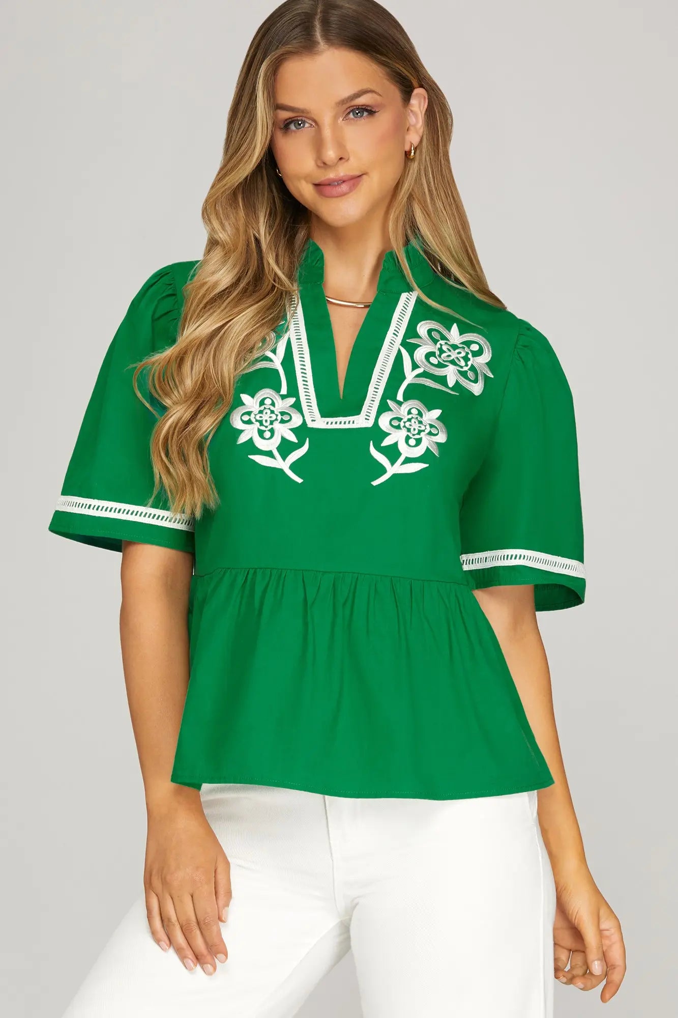 HALF SLEEVE V NECK WITH FLORAL EMBROIDERY WOVEN TOP WITH LACE DETAIL