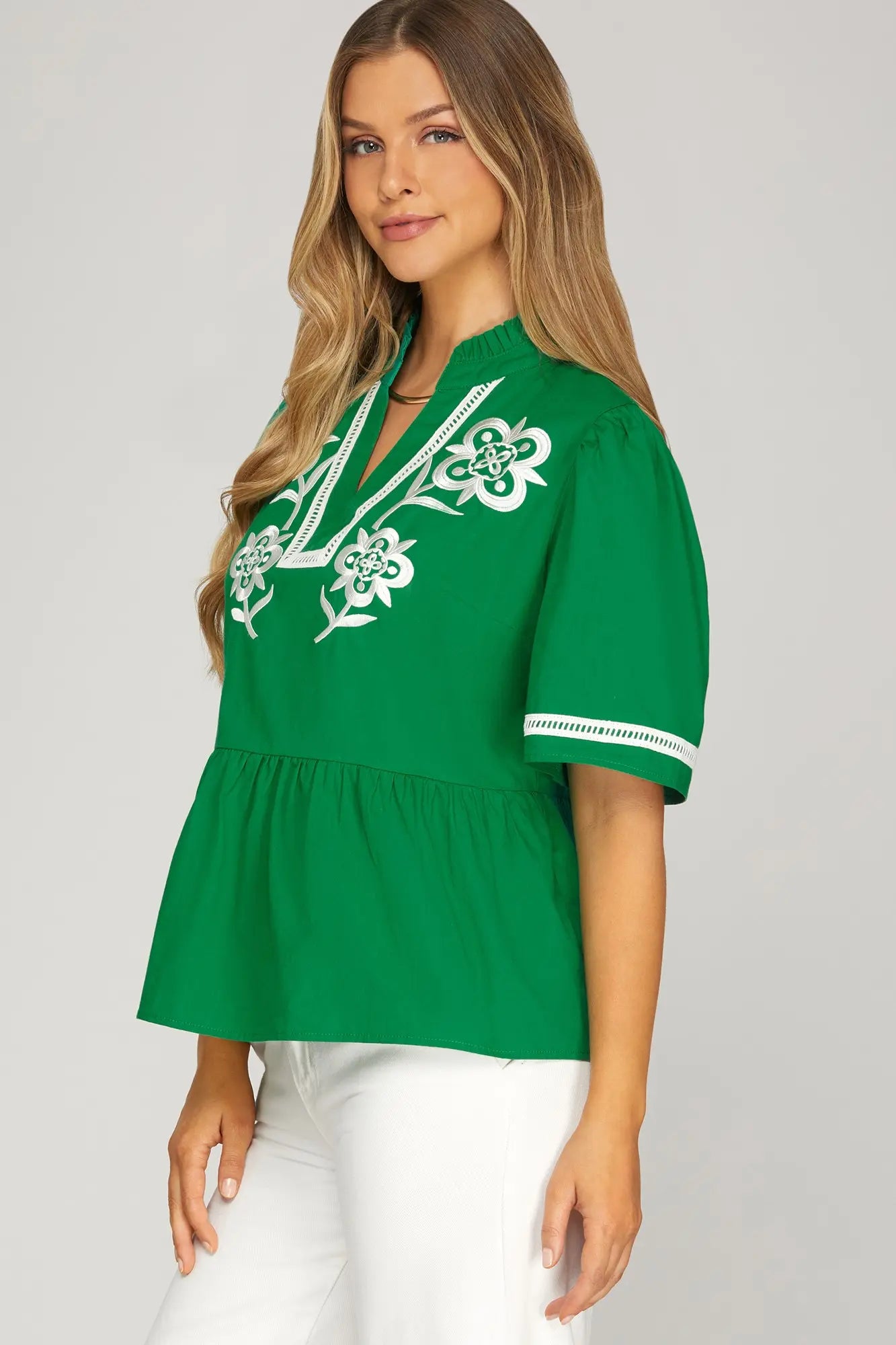 HALF SLEEVE V NECK WITH FLORAL EMBROIDERY WOVEN TOP WITH LACE DETAIL