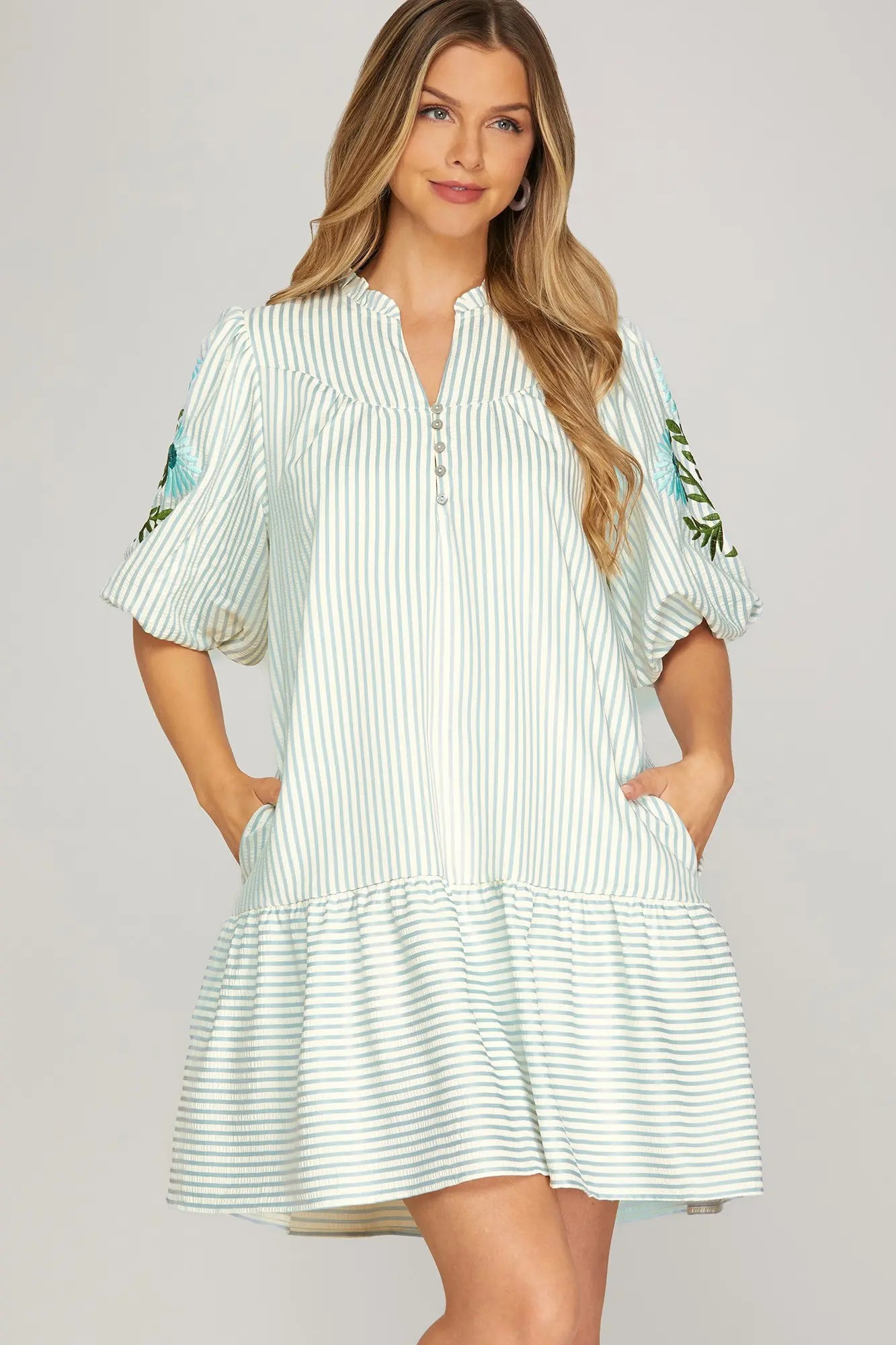 1/2 SLEEVE EMBROIDERED STRIPED MINI DRESS WITH POCKETS
