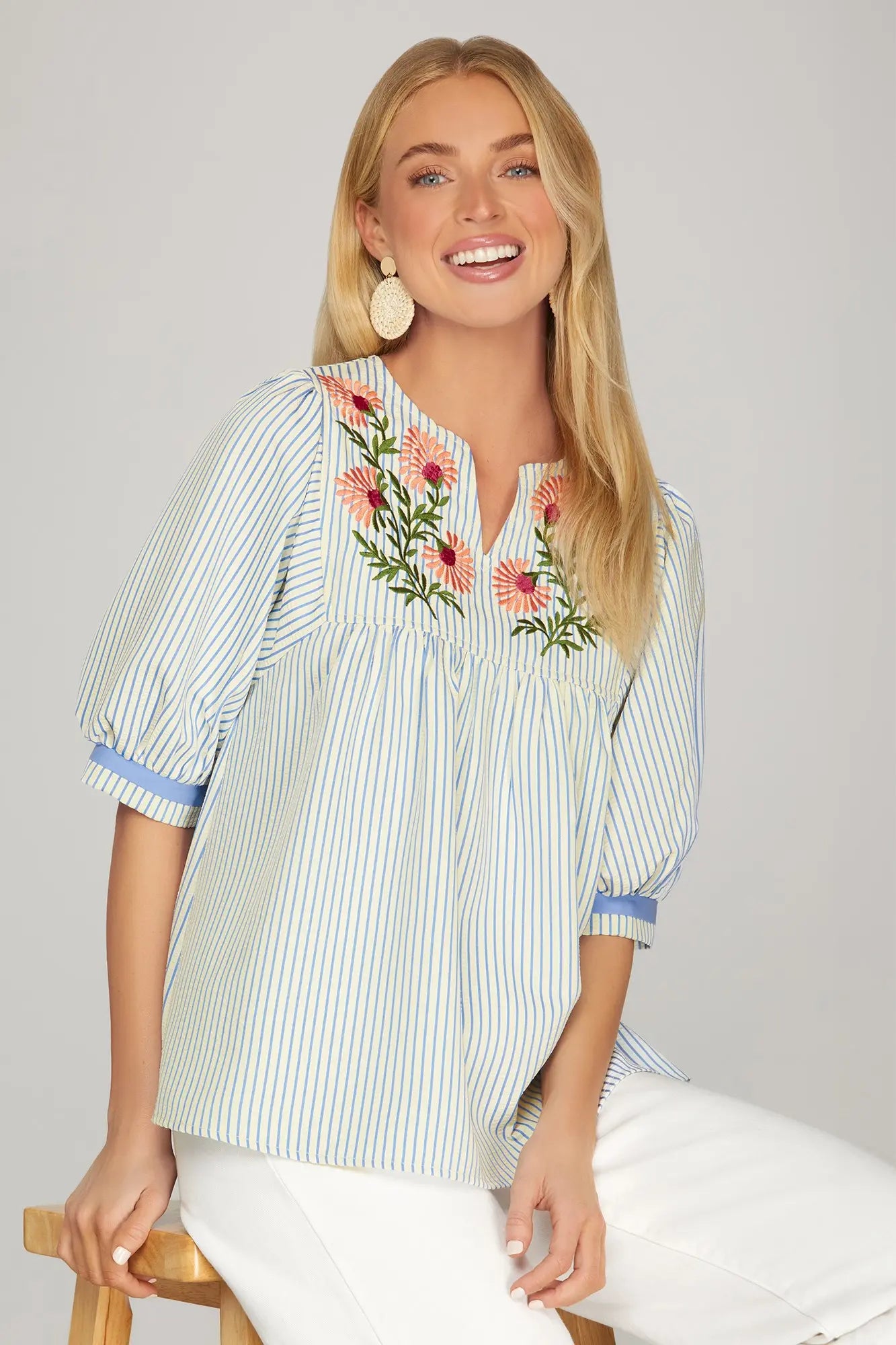 striped blue and white embroidered top
