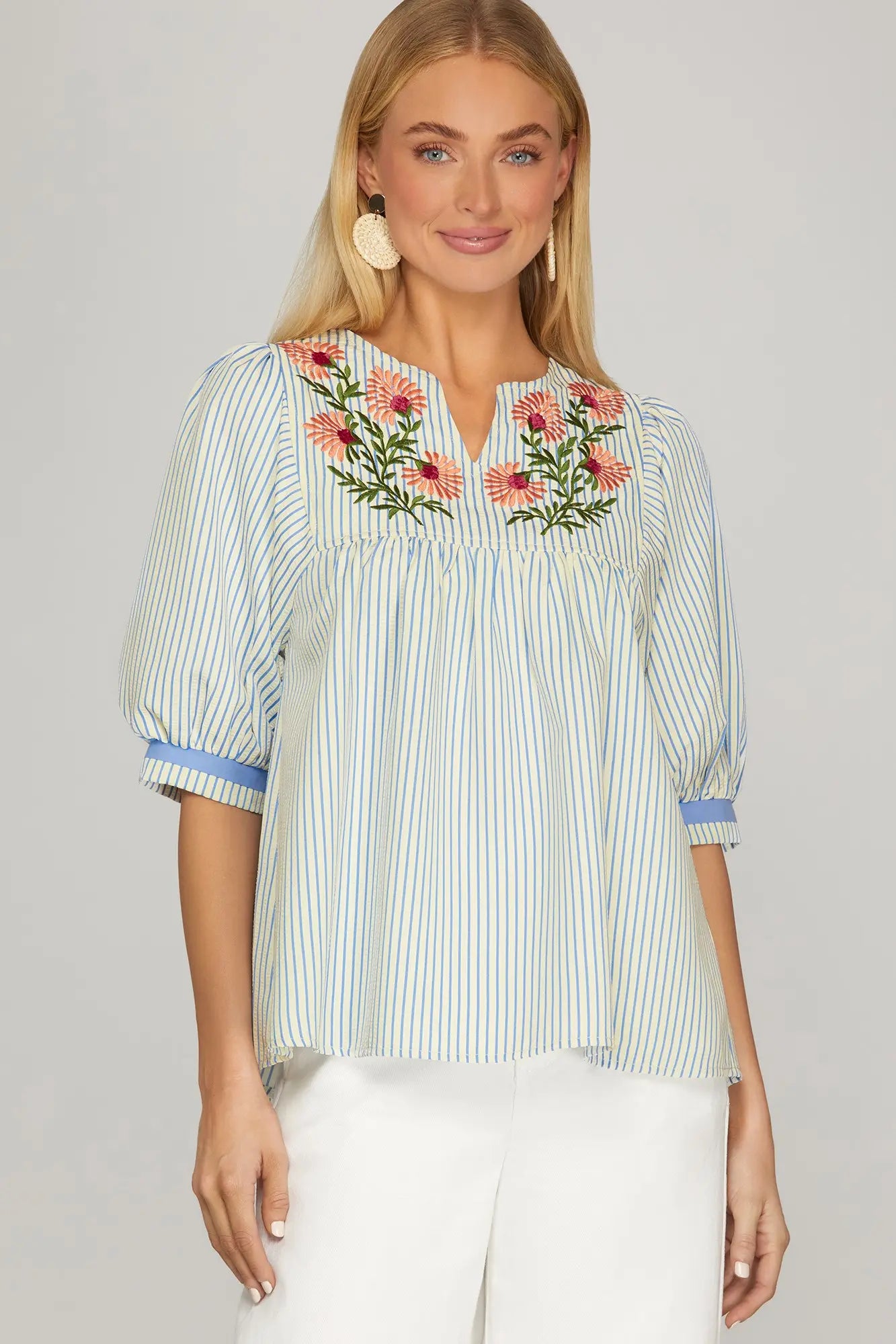 striped blue and white embroidered top