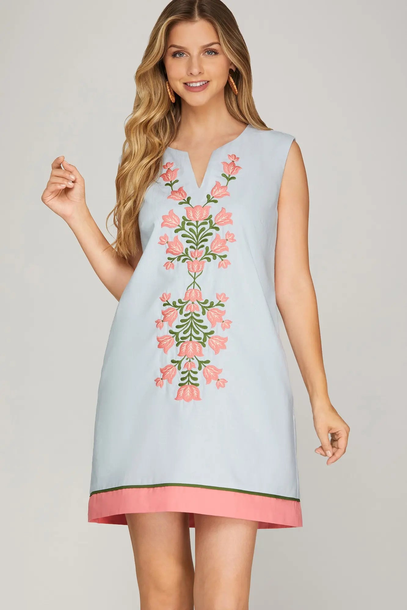 SLEEVELESS FRONT EMBROIDERED MINI DRESS WITH POCKETS