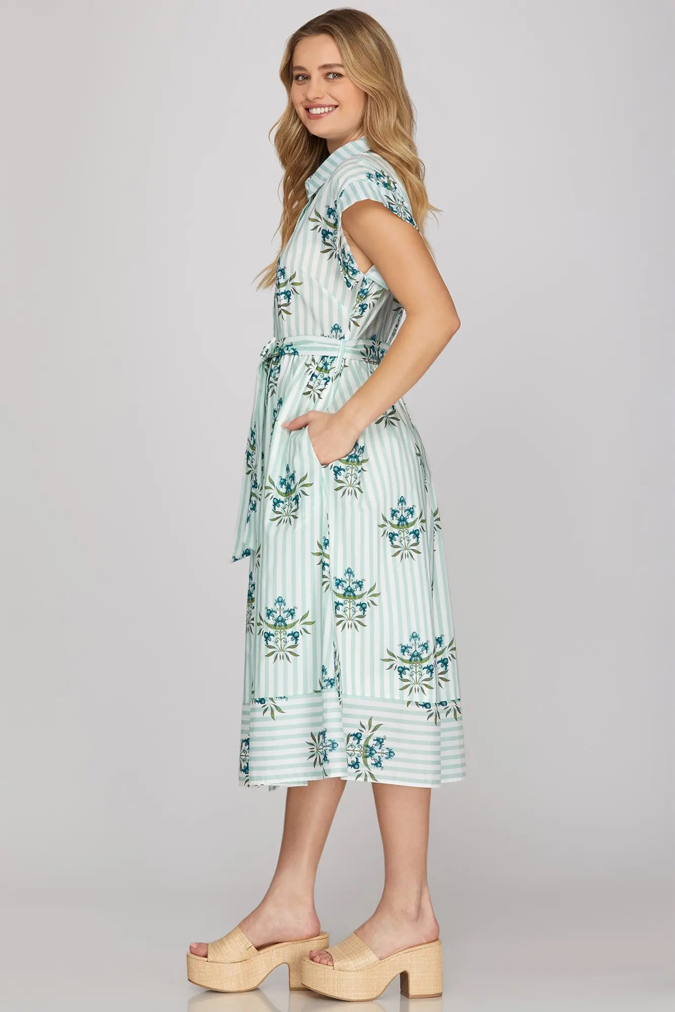 DROP SHOULDER BUTTON DOWN PRINTED MIDI DRESS WITH POCKETS