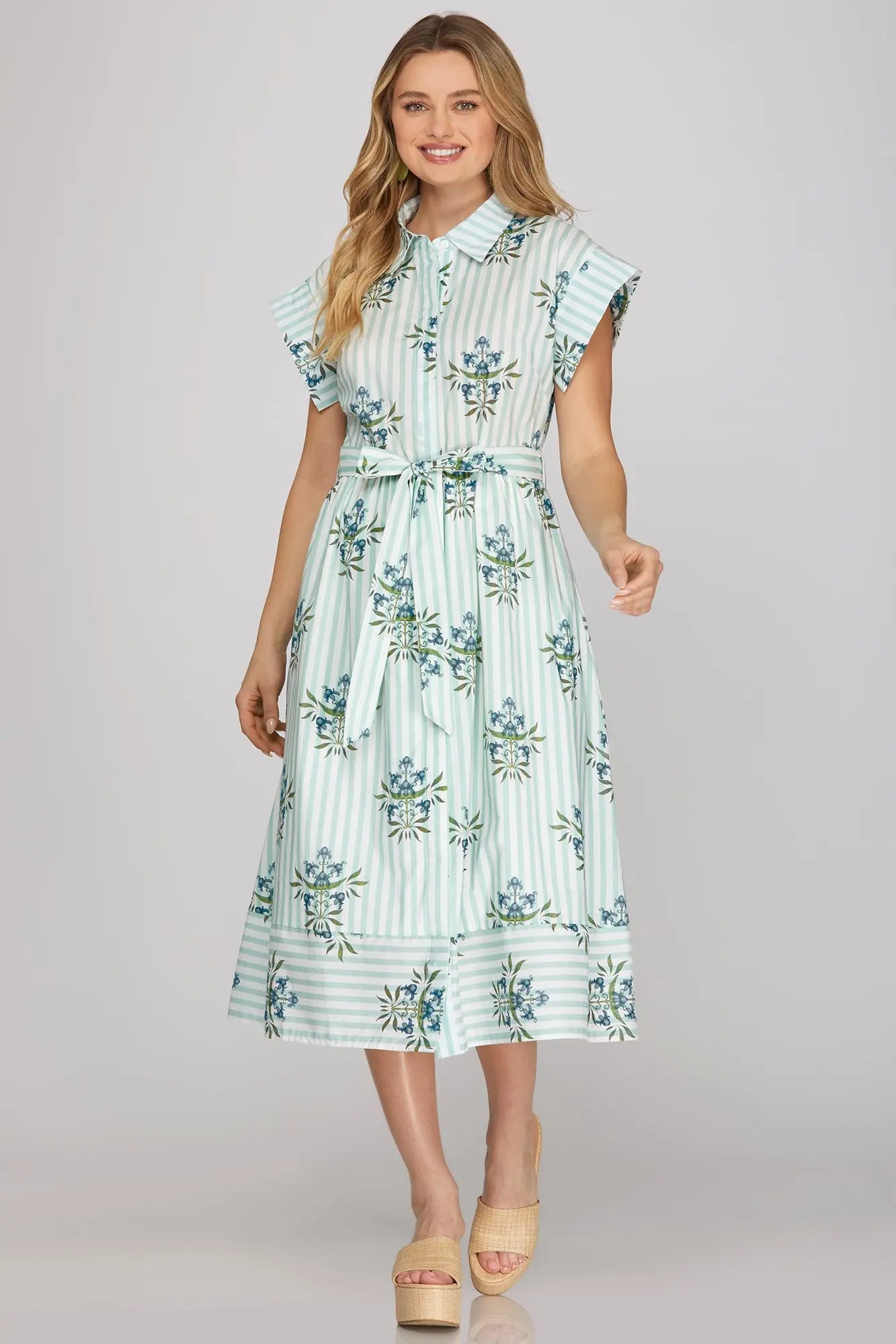 DROP SHOULDER BUTTON DOWN PRINTED MIDI DRESS WITH POCKETS