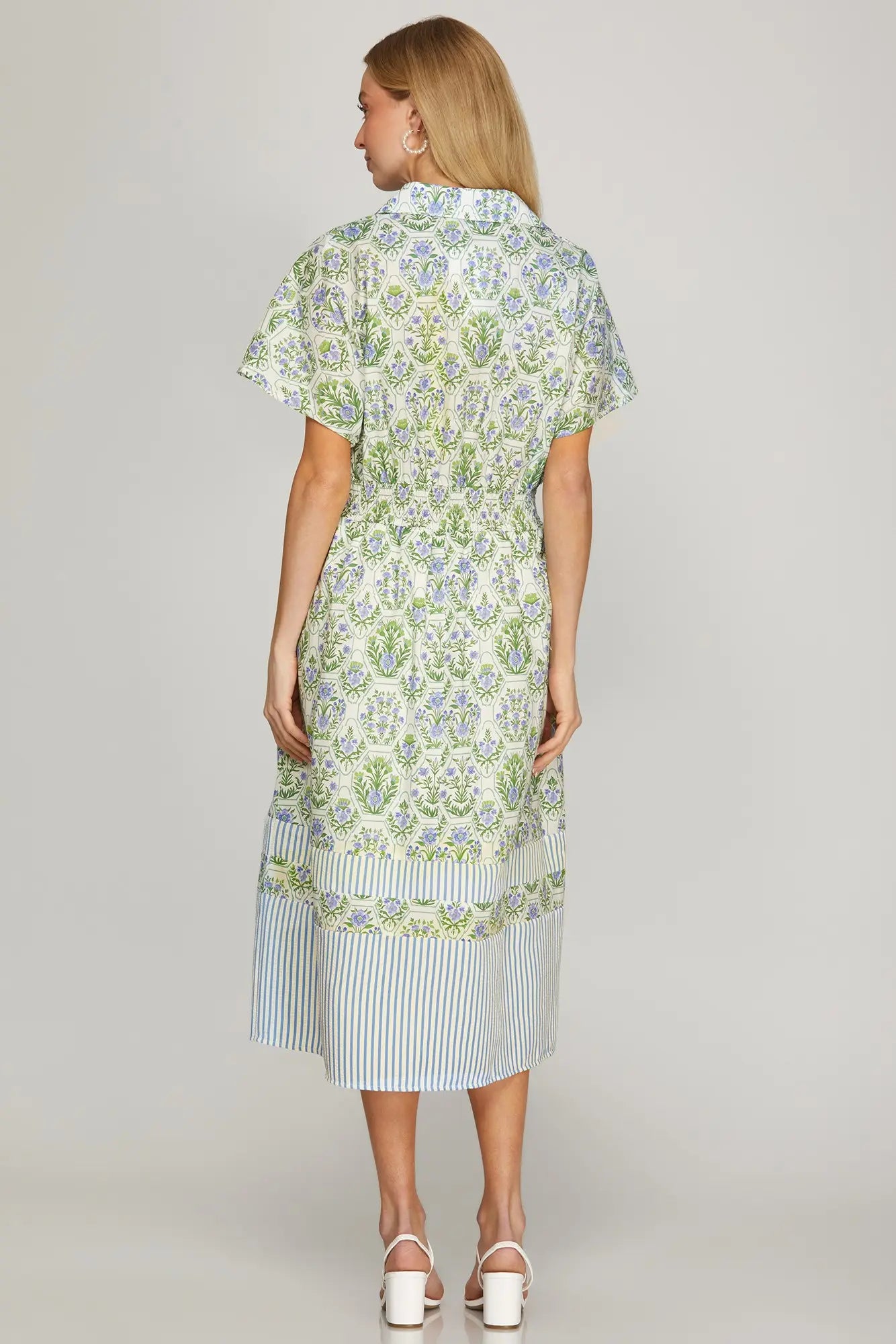 DROP SHOULDER SMOCKED WAIST PRINTED MIDI DRESS WITH POCKETS
