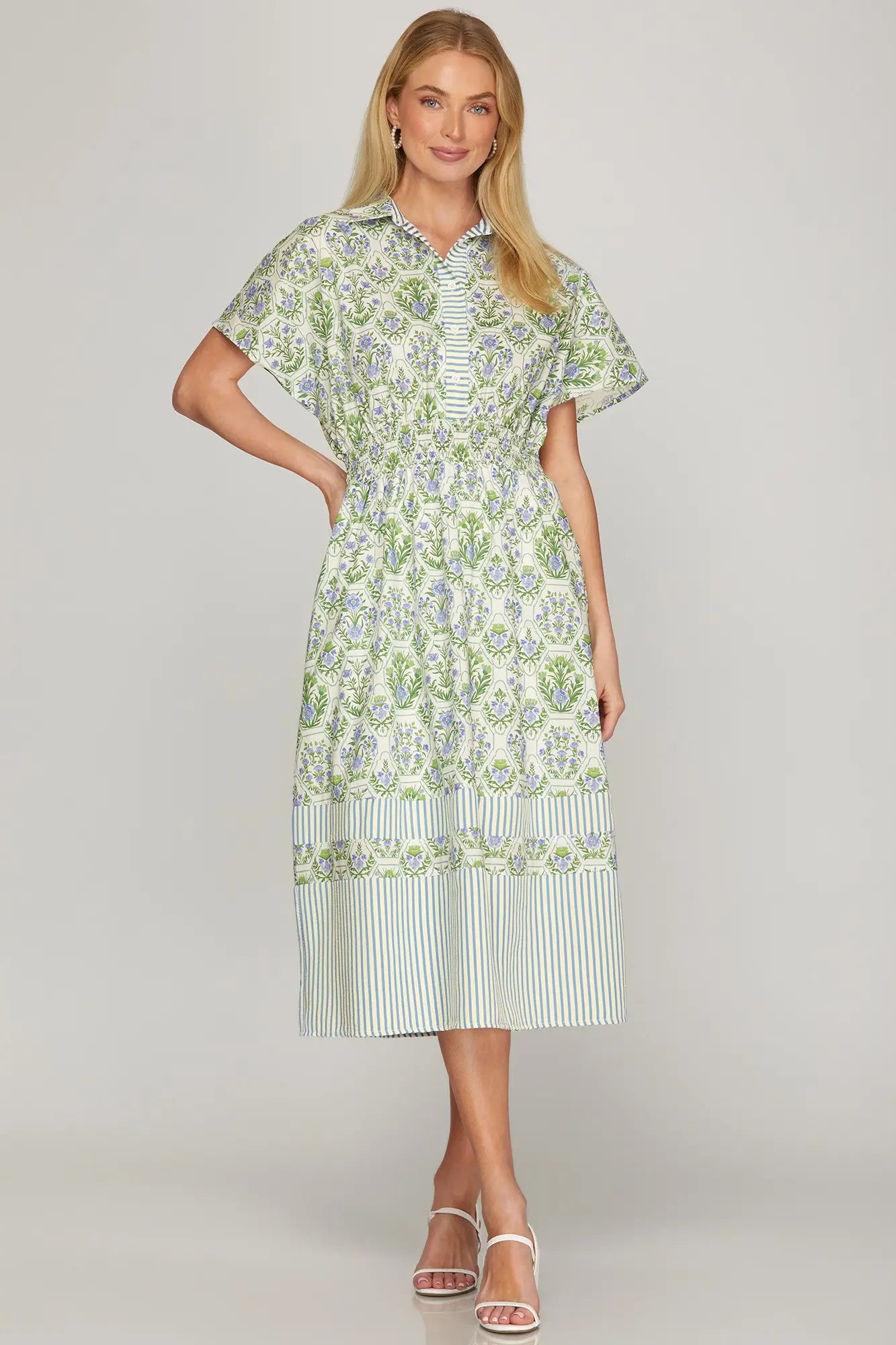 DROP SHOULDER SMOCKED WAIST PRINTED MIDI DRESS WITH POCKETS