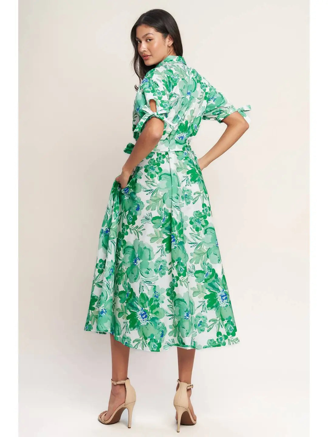 Printed Woven Midi Shirt Dress green and white