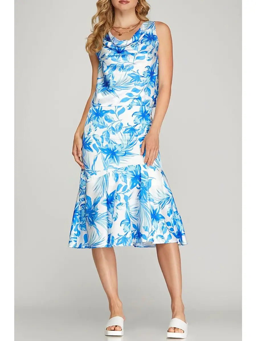 Floral Print Cowl Neck Sleeveless Satin Set