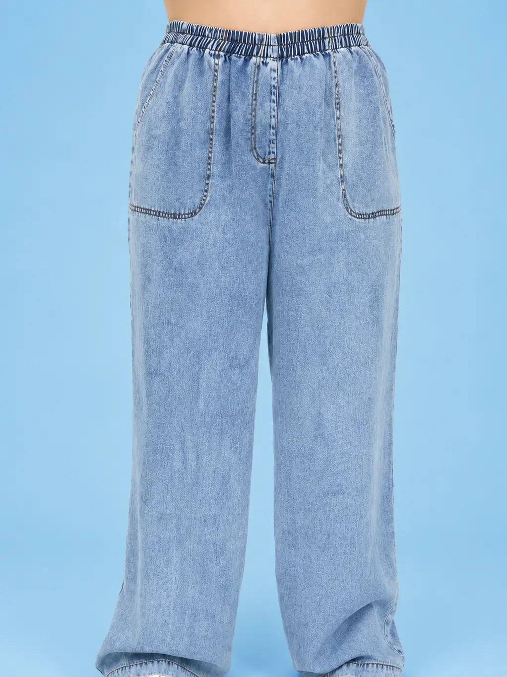 Plus Washed Chambray Elastic Waist Wide Leg Pants