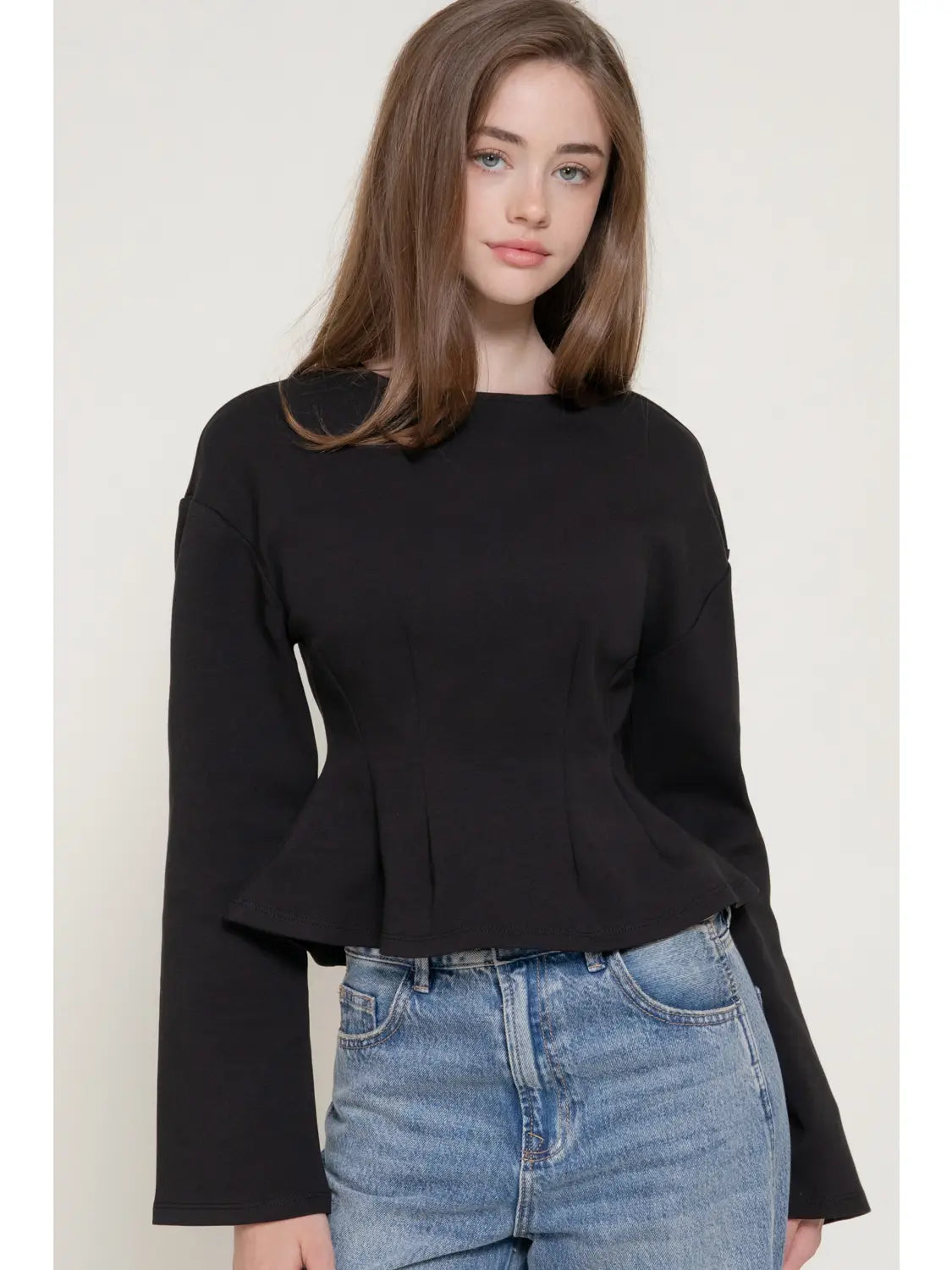 Long Sleeve Round Neck Fitted Waist Top