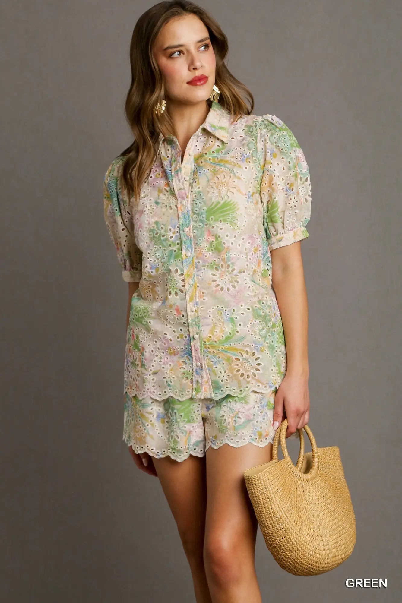 Eyelet Print Elastic Waistband Scalloped