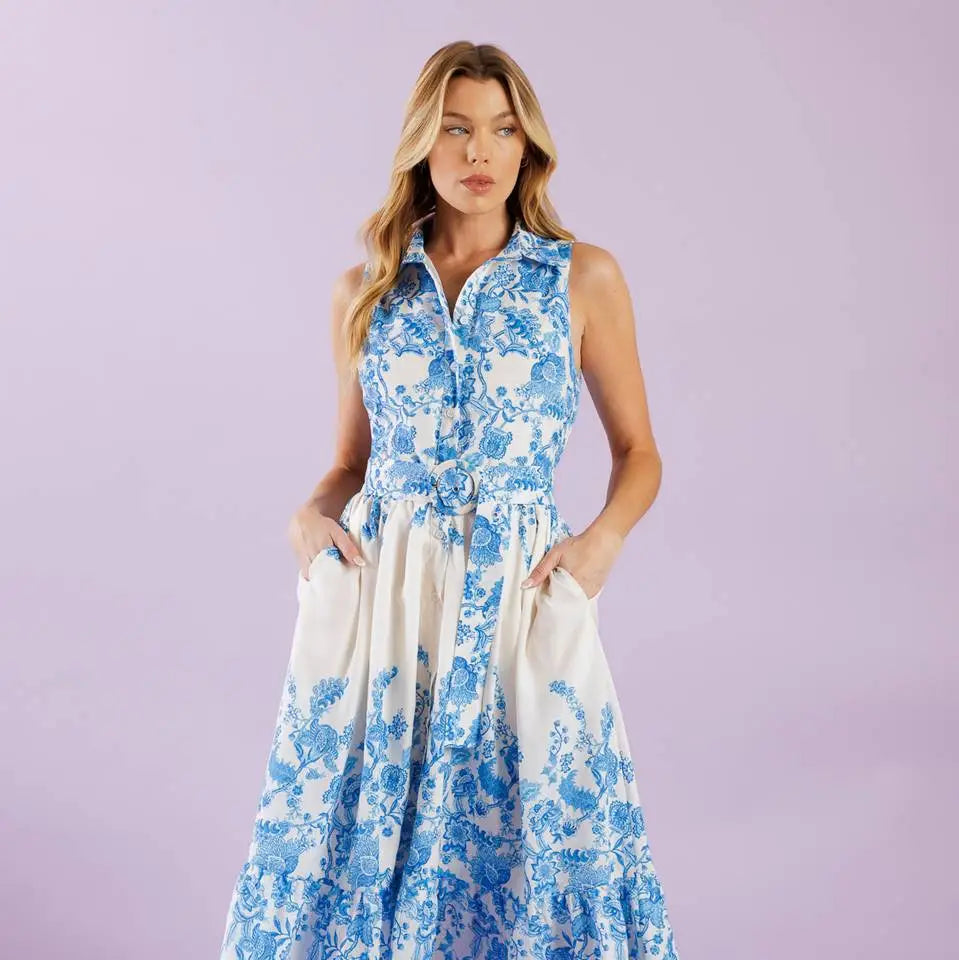 Printed Woven Midi Dress white and blue
