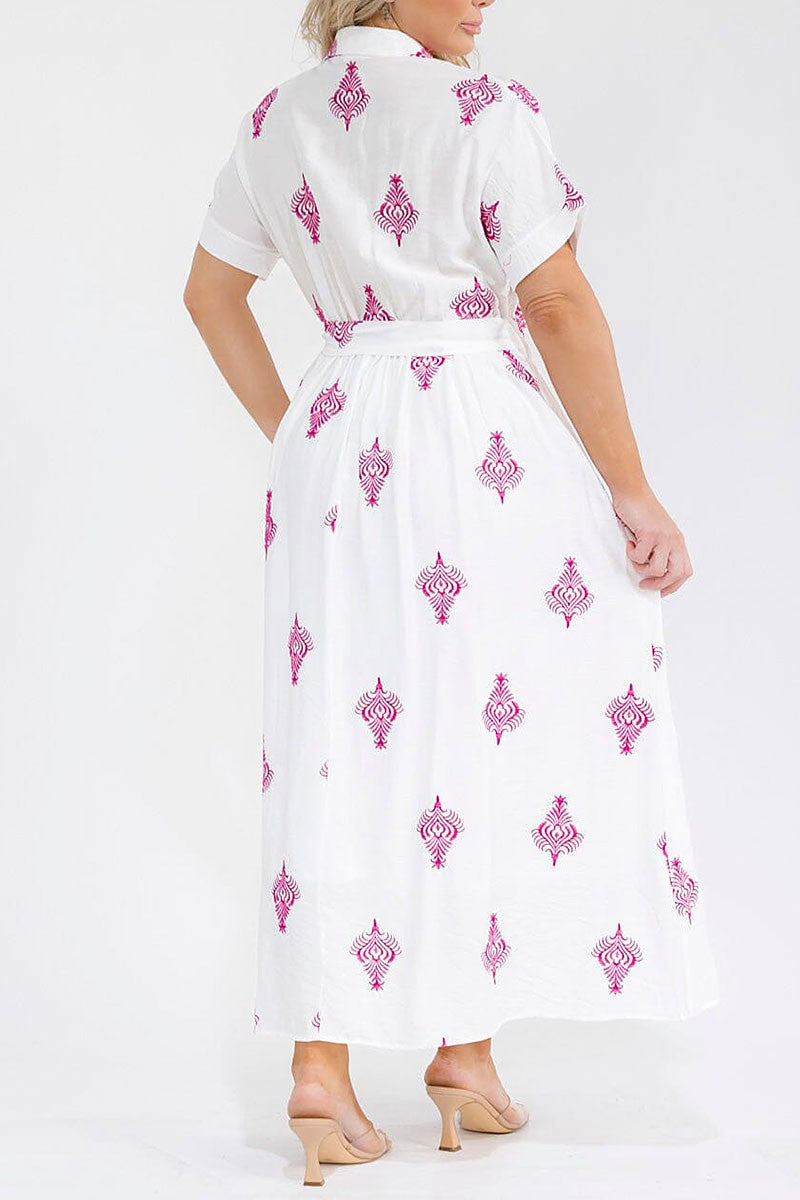 Button Up Self Tie Embroidery Maxi Dress
