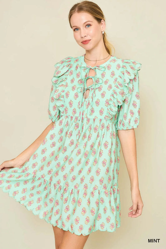 Abstract Print Mini Dress with Front Ribbon Tie Details