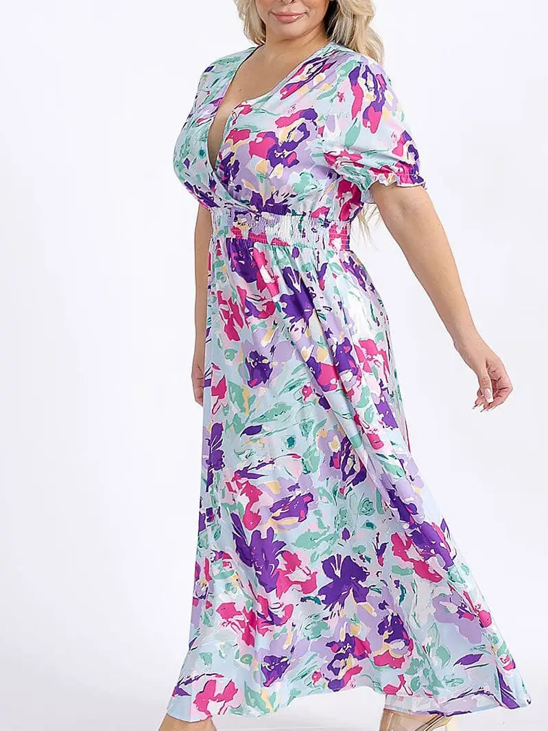 Surplice Smock Waist Floral Maxi Dress