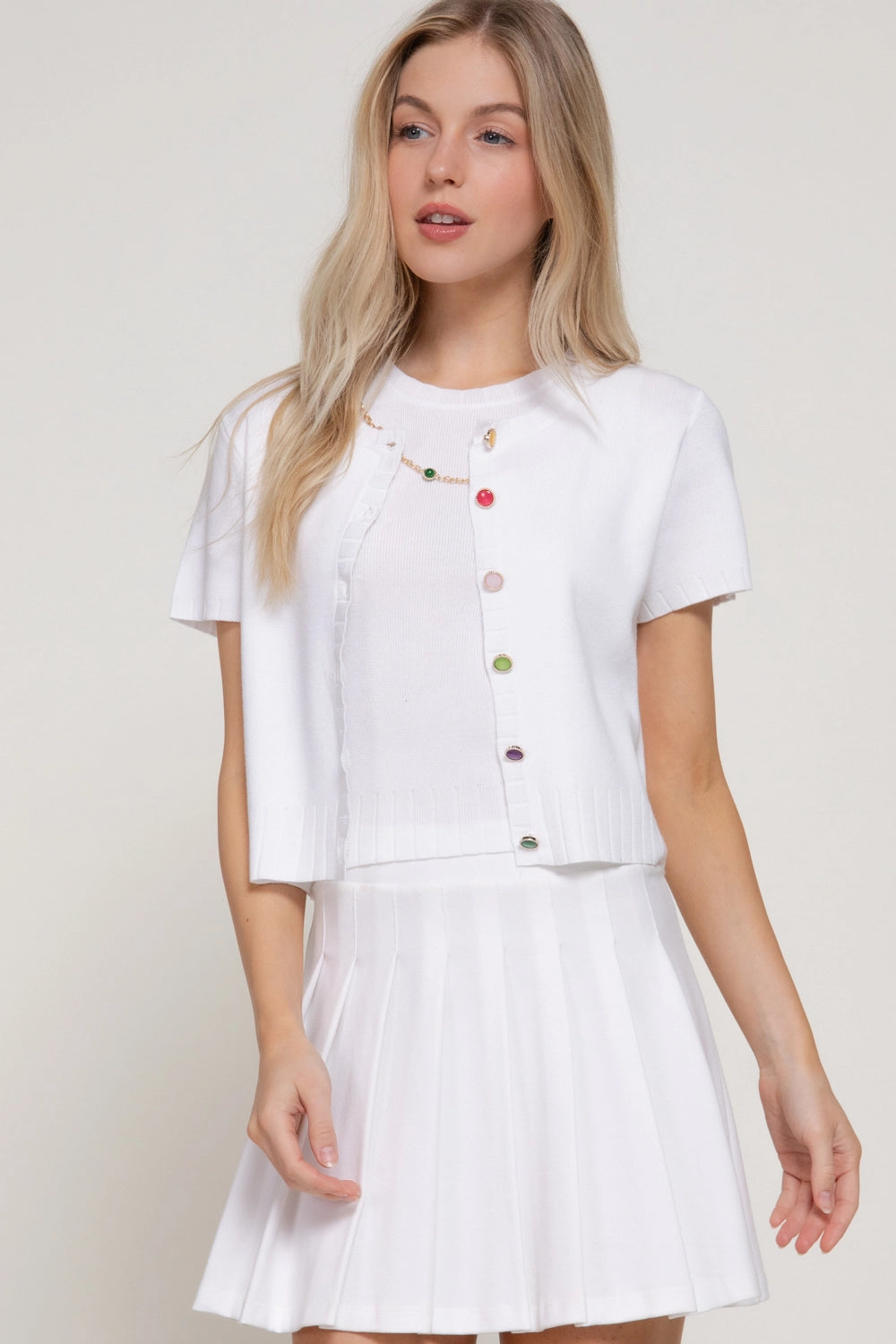 Short Sleeve Crew Neck Cardigan with Gemstone Button