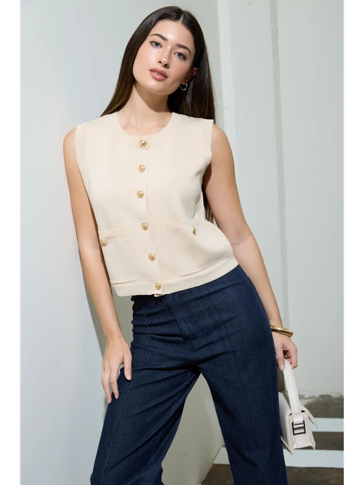 Gold Button Round Neck Knit Cardigan Vest