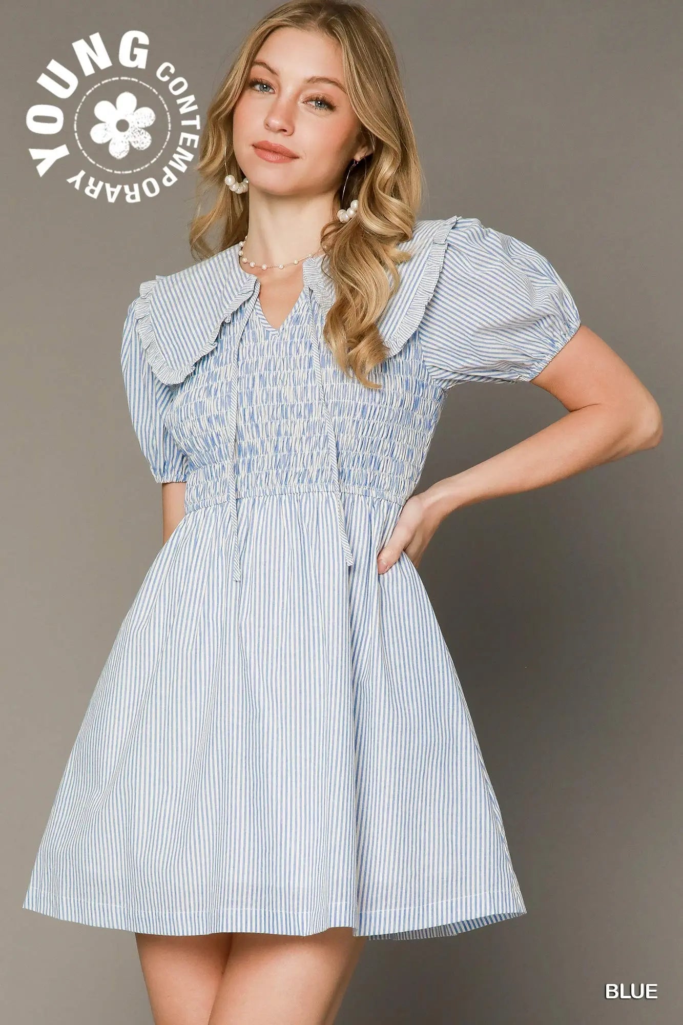 Striped Smocked Mini Dress with Oversized Collar