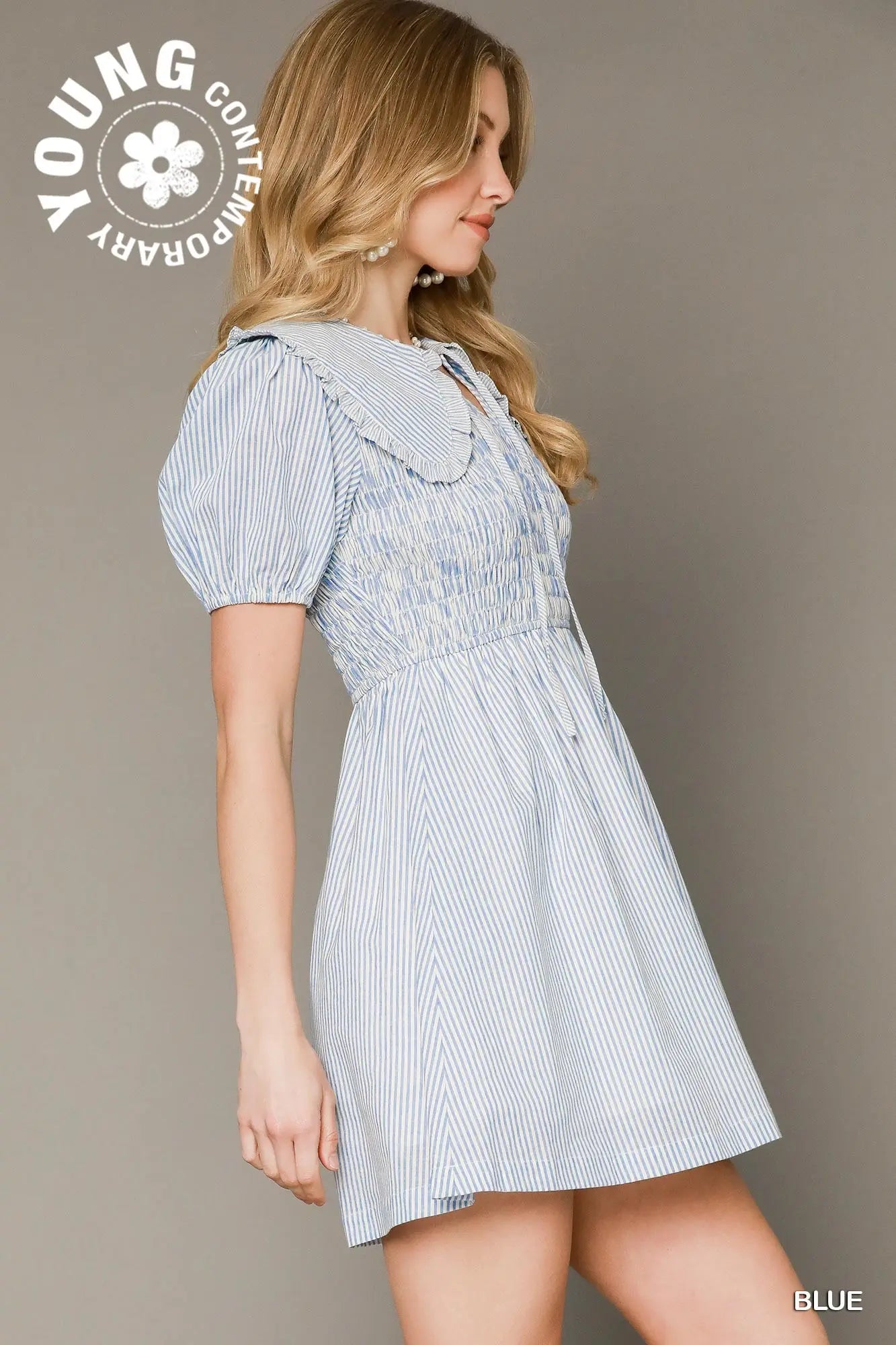 Striped Smocked Mini Dress with Oversized Collar