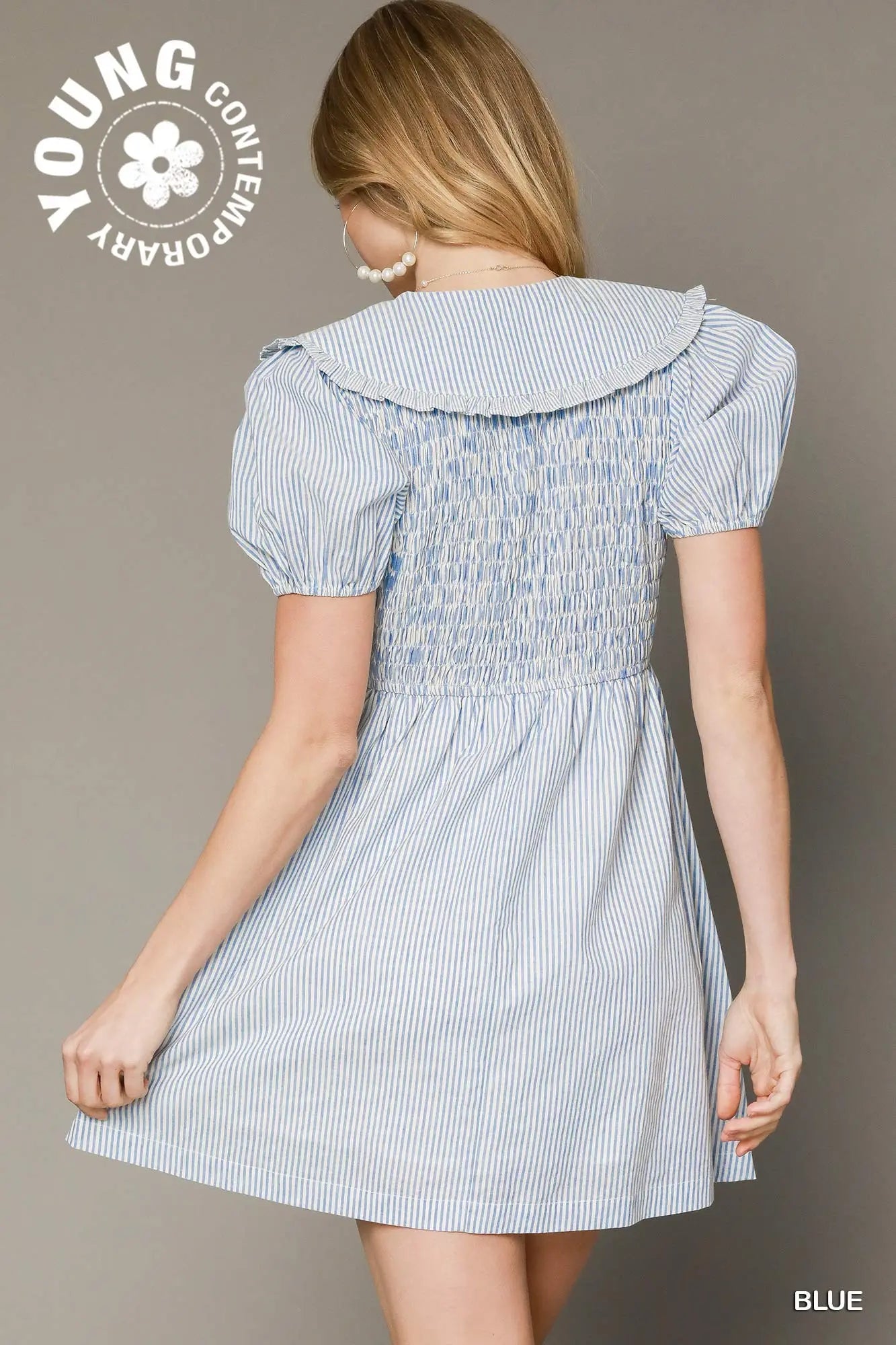 Striped Smocked Mini Dress with Oversized Collar