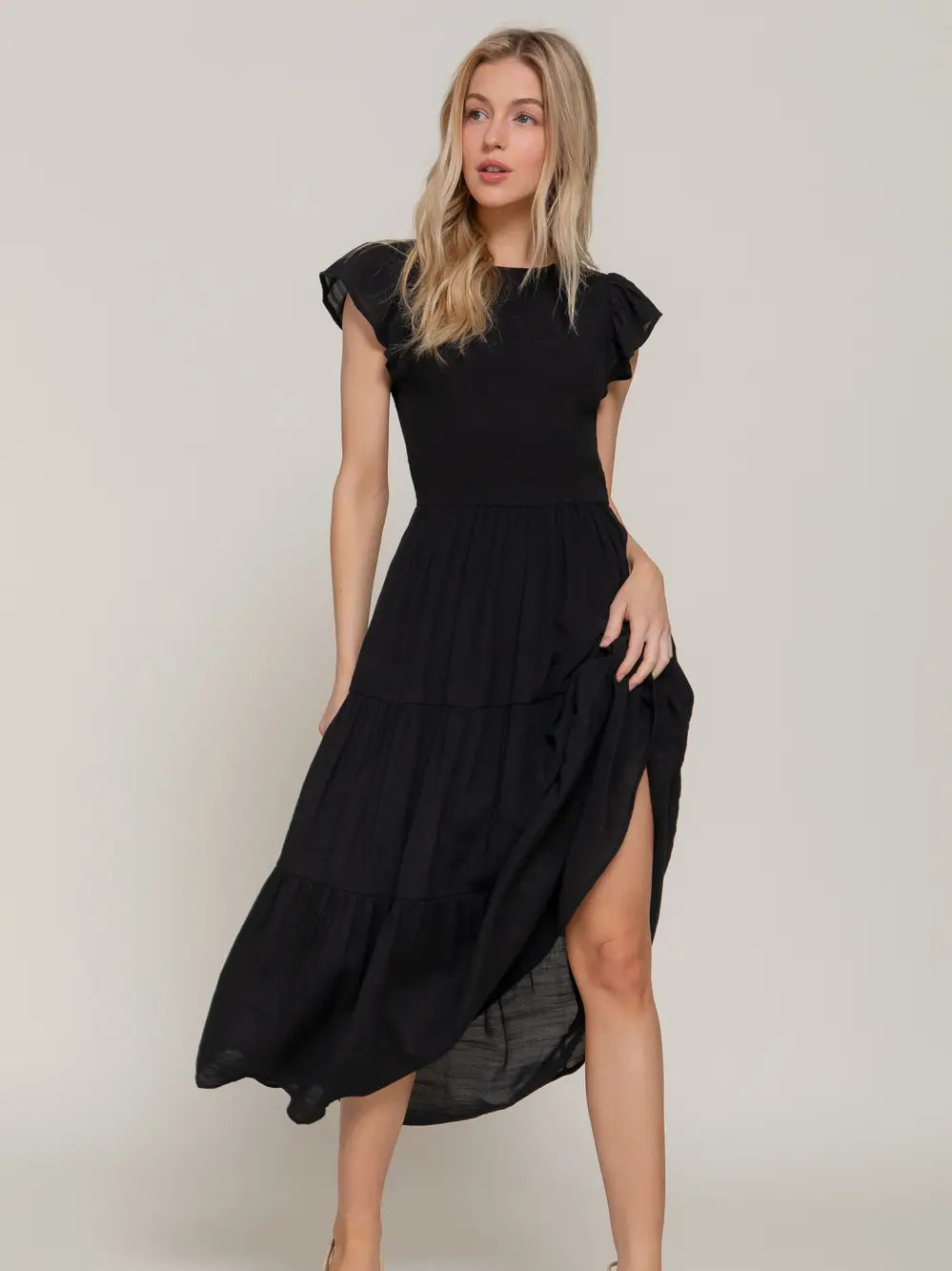 Ruffle Sleeve Crew Neck Smocked Detail Solid Tired Dress