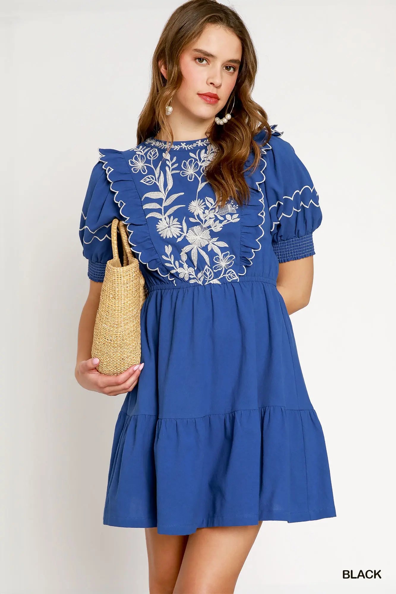 Embroidered Round Neck Mini Dress