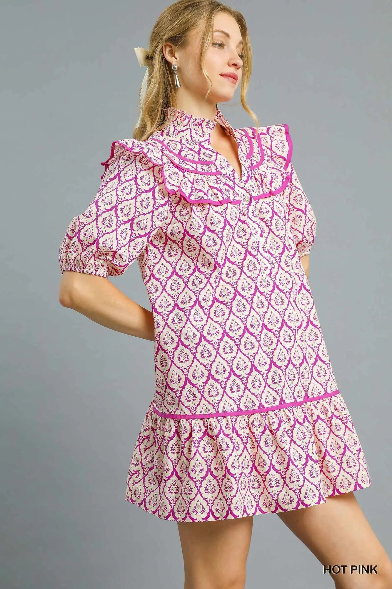 Printed Ruffle Trim Babydoll Dress