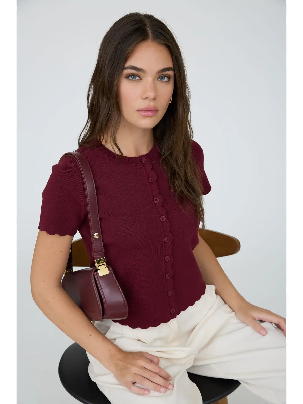 Scalloped Short Sleeve Button Down Knit Cardigan