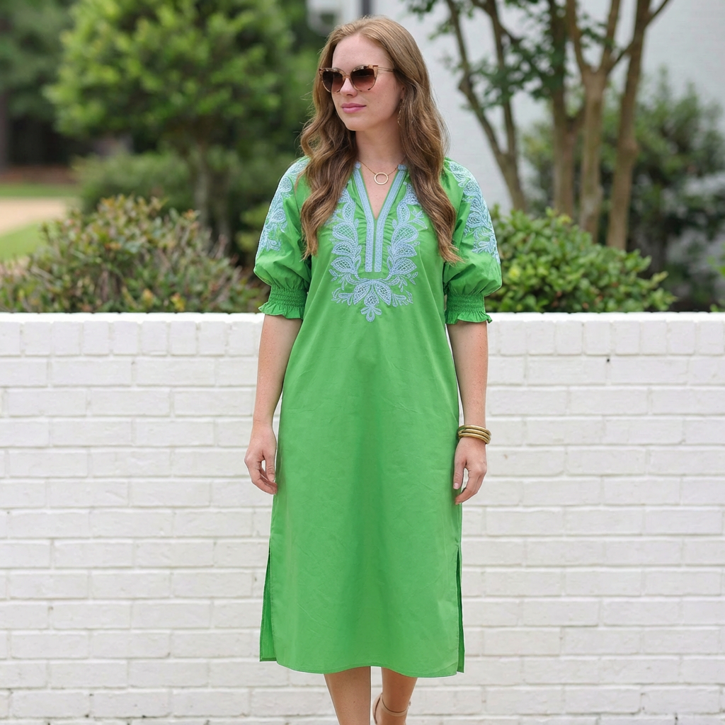 Embroidered V-neck half sleeve midi dress