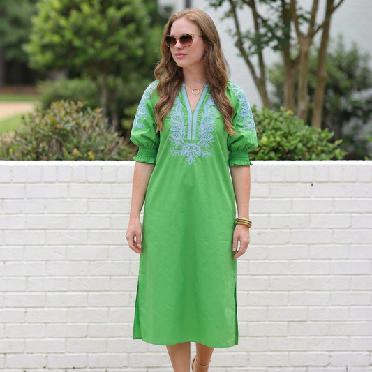 Embroidered V-neck half sleeve midi dress