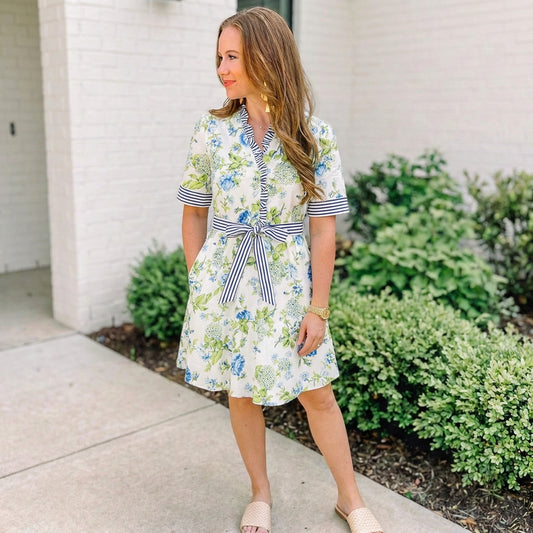 hydrangea dress with striped sash
