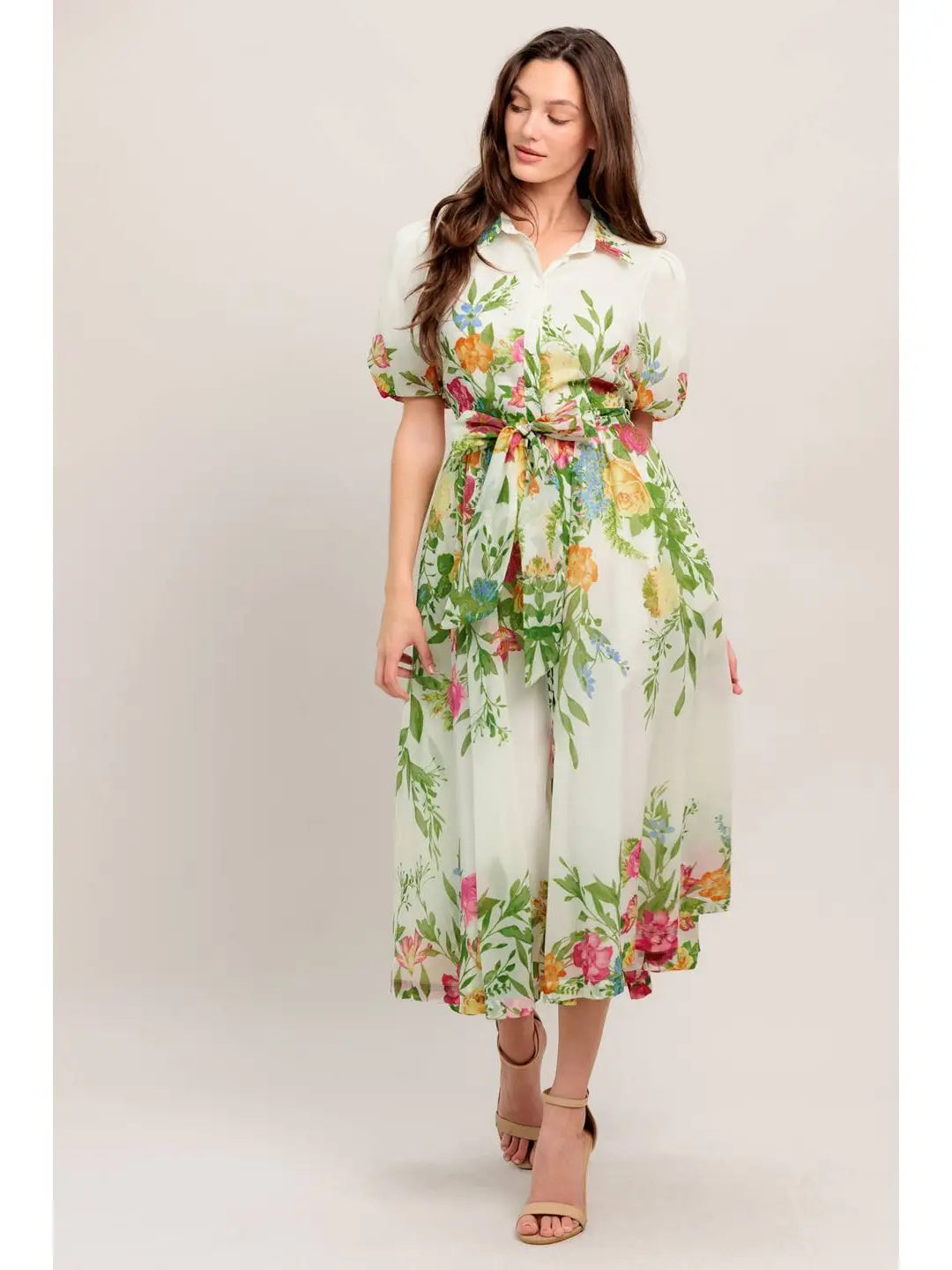 Printed Woven Midi Dress ivory and green