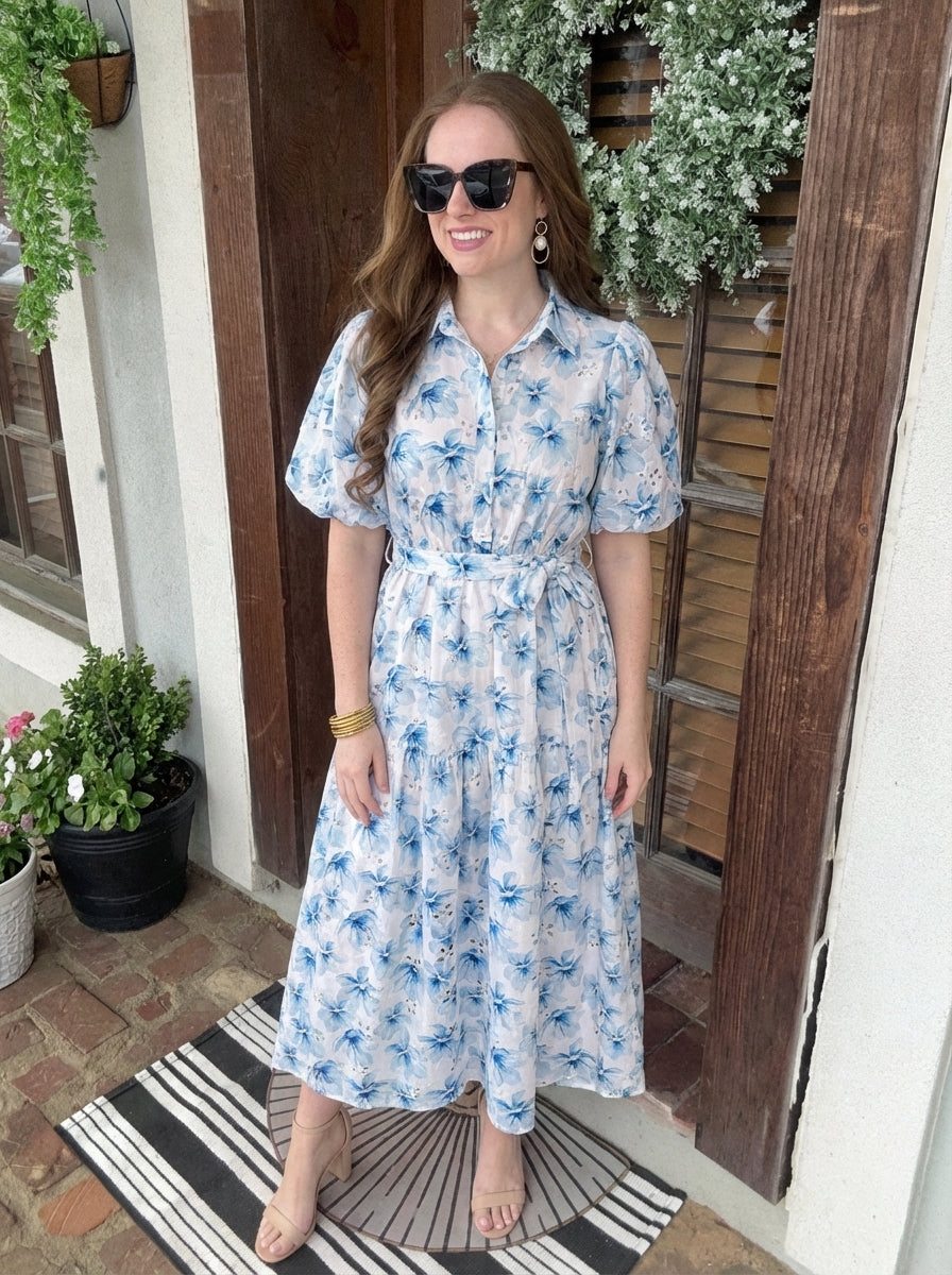 Floral Eyelet Half Button Midi Shirt Dress