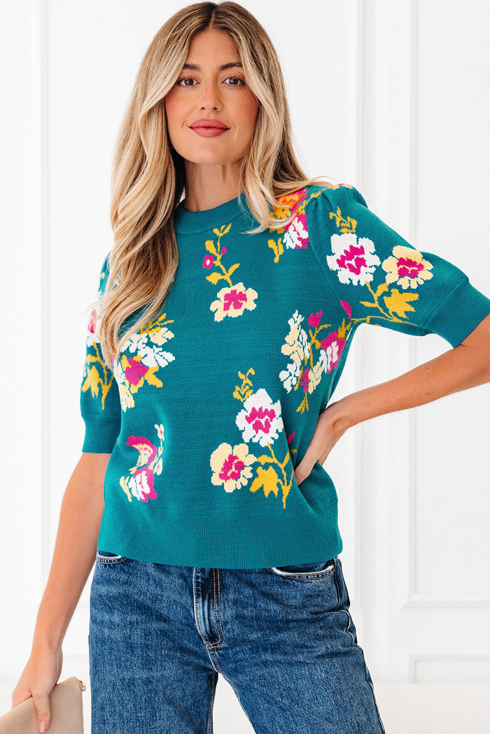 Blue Flower Pattern Mock Neck Short Sleeve Knitted top