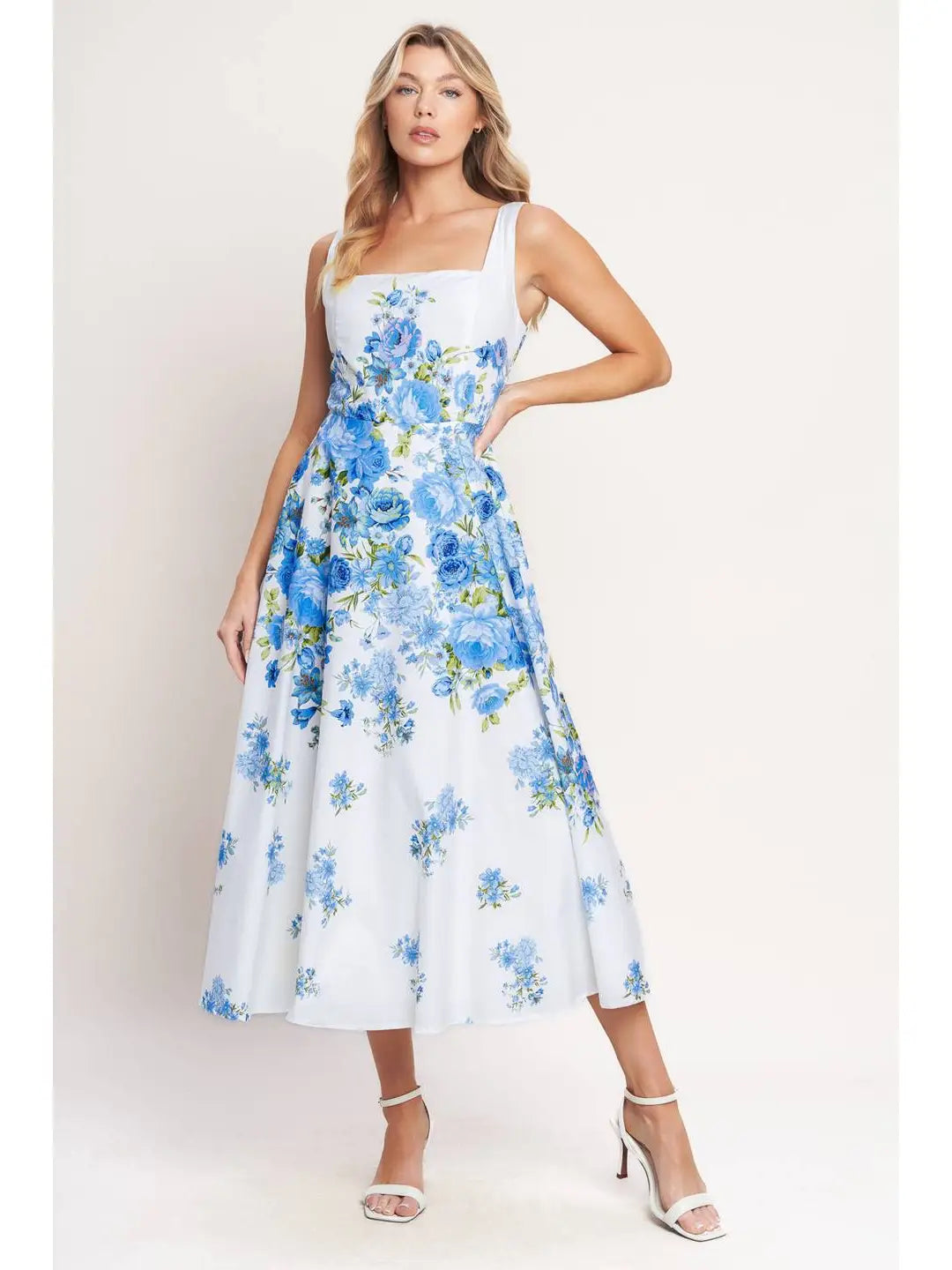 Printed Woven Midi Dress white with blue flowers