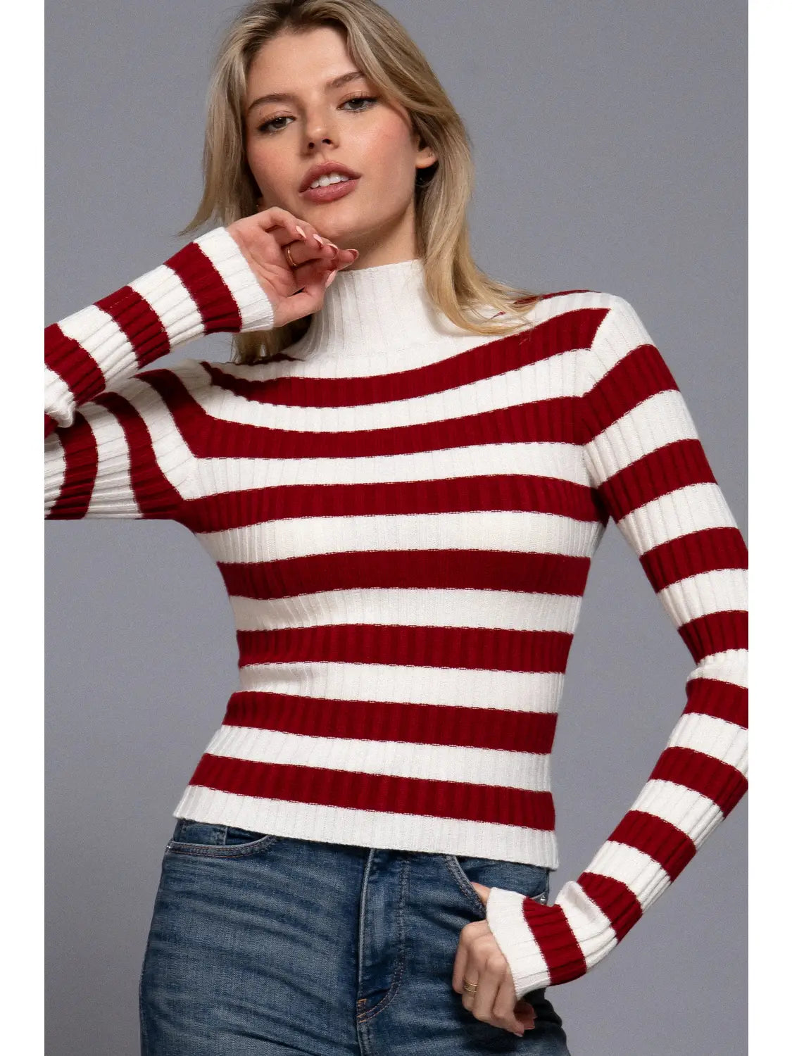 Long Sleeve Mock Neck Stripe Sweater