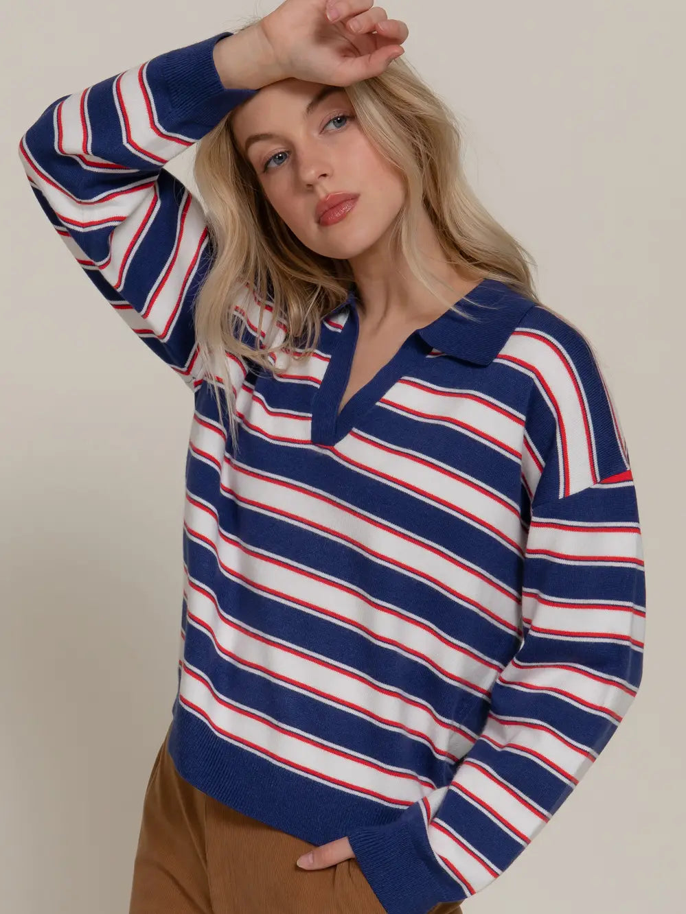 Long Sleeve Multi Stripe Polo Sweater