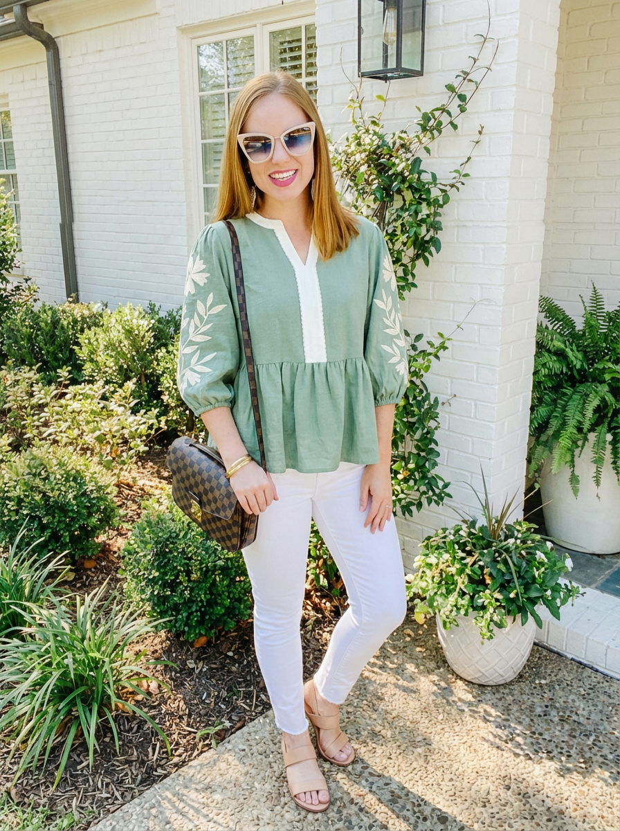 Smoke Green Color Block Patchwork V Neck Embroidered Puff Sleeve Babydoll Blouse