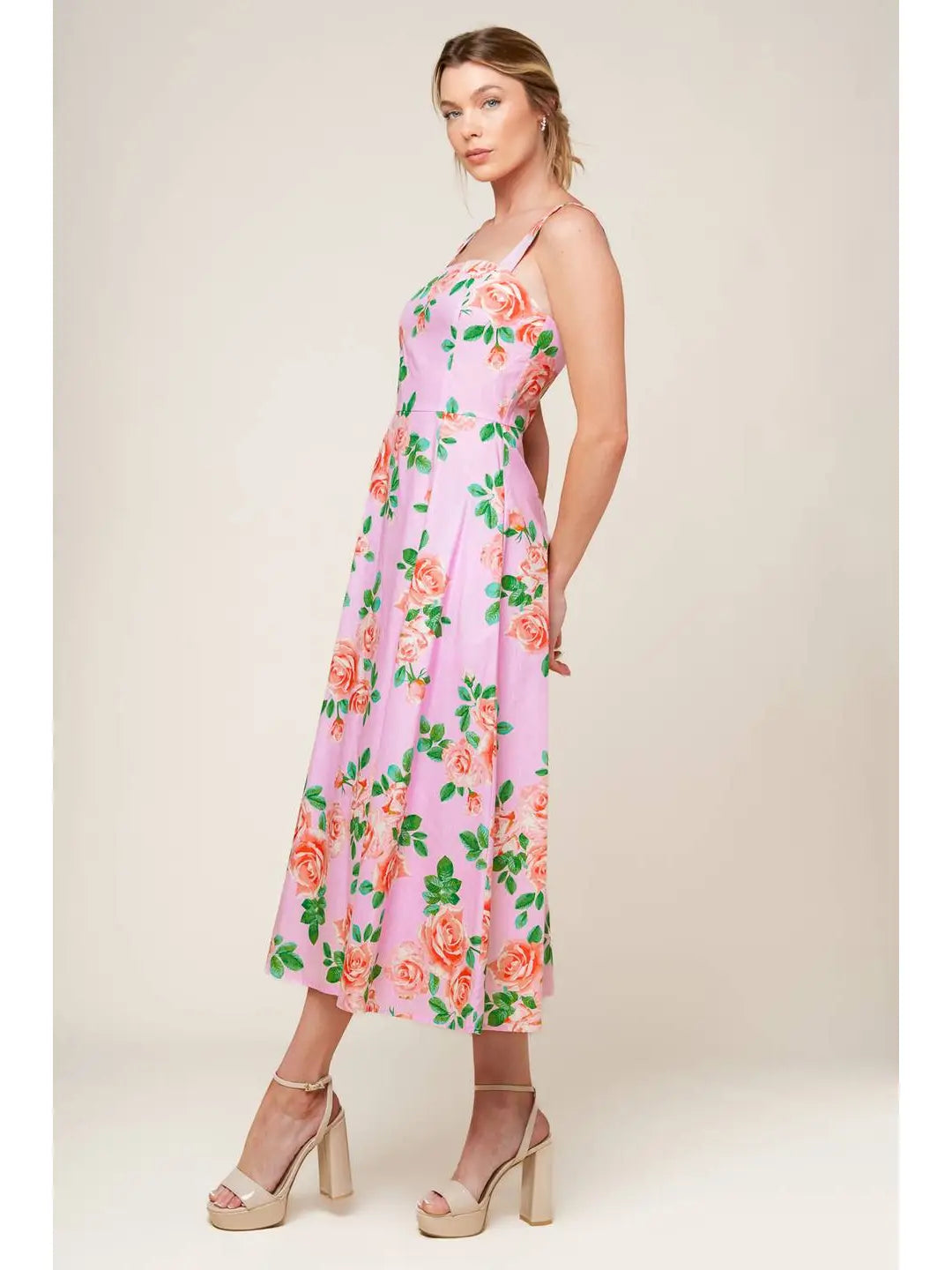 Printed Woven Midi Dress pink floral